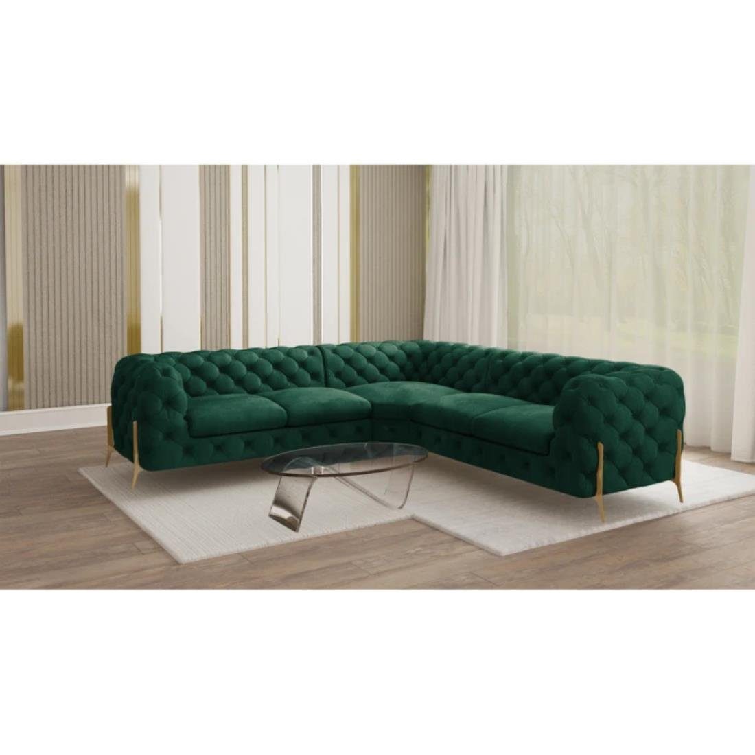 S-Style Möbel Ecksofa Chesterfield Ashley mit Goldene Metall Füßen, mit Wellenfederung Flasche Grün