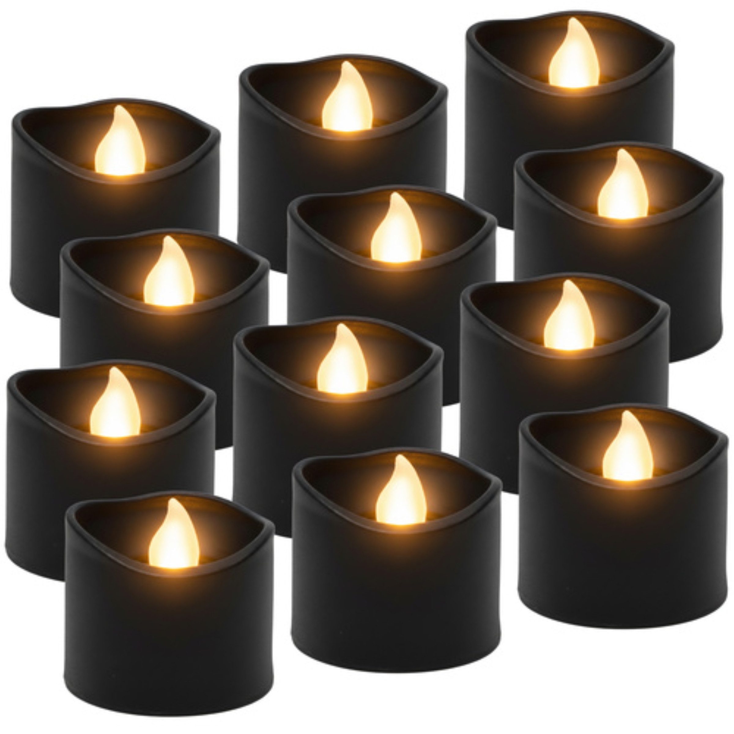 Ruhhy LED-Kerze LED Teelichter Set 12 Stück schwarz mit Flammeneffekt Batterie (LED Teelichter Set 12 Stück schwarz Flammeneffekt batteriebetrieben, 12-tlg., Schwarze LED Teelichter 12 Stück mit Flammeneffekt Batterie), Flammenloses LED Teelicht Flammenef