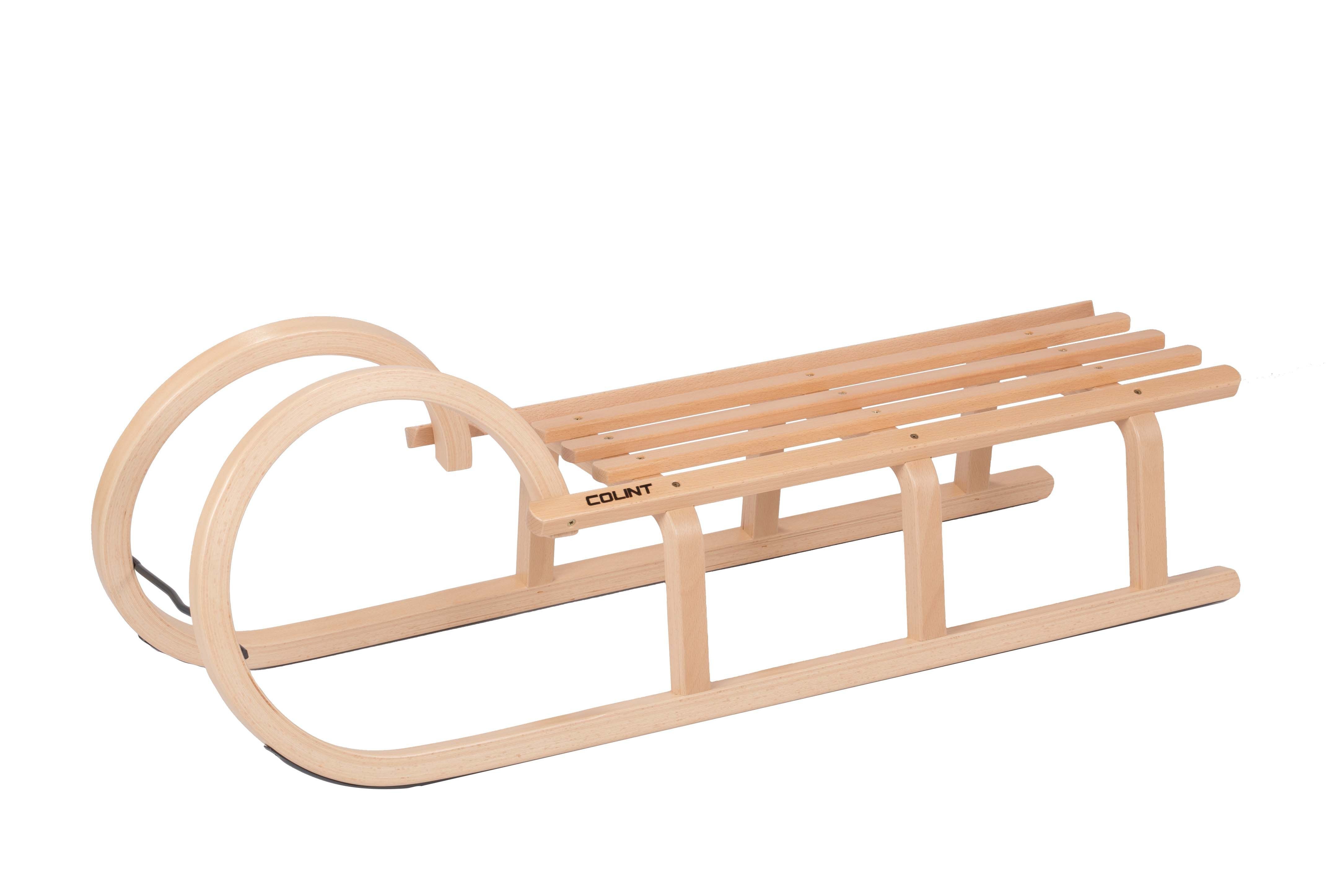 COLINT Hornschlitten Hörner Holzrodelrodel, 100, 110 & 120 cm (3 Teile, 1-tlg., 3-teilig, Schlitten, Schiebelehne, Zugseil), stabile Ausführung durch 3 Bockstützen