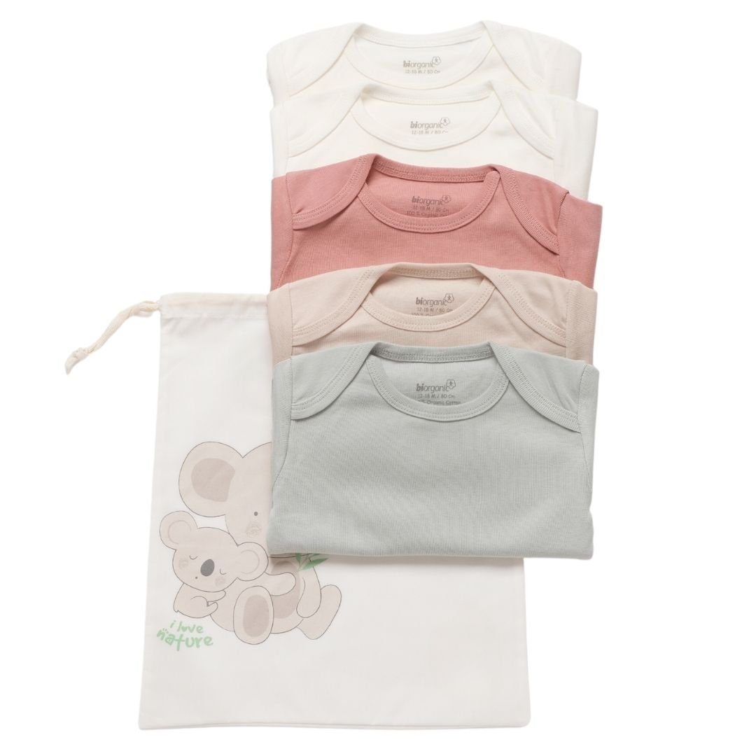 biorganic Langarmbody (5er Pack) für Jungen und Mädchen, Unisex, Mehrfarbig, Baby Body (Set, 6-tlg., 5er-Pack Bodys & 1 Beutel) Langarm, 100% Bio-Baumwolle, GOTS-zert., mit praktischen Druckknöpfen