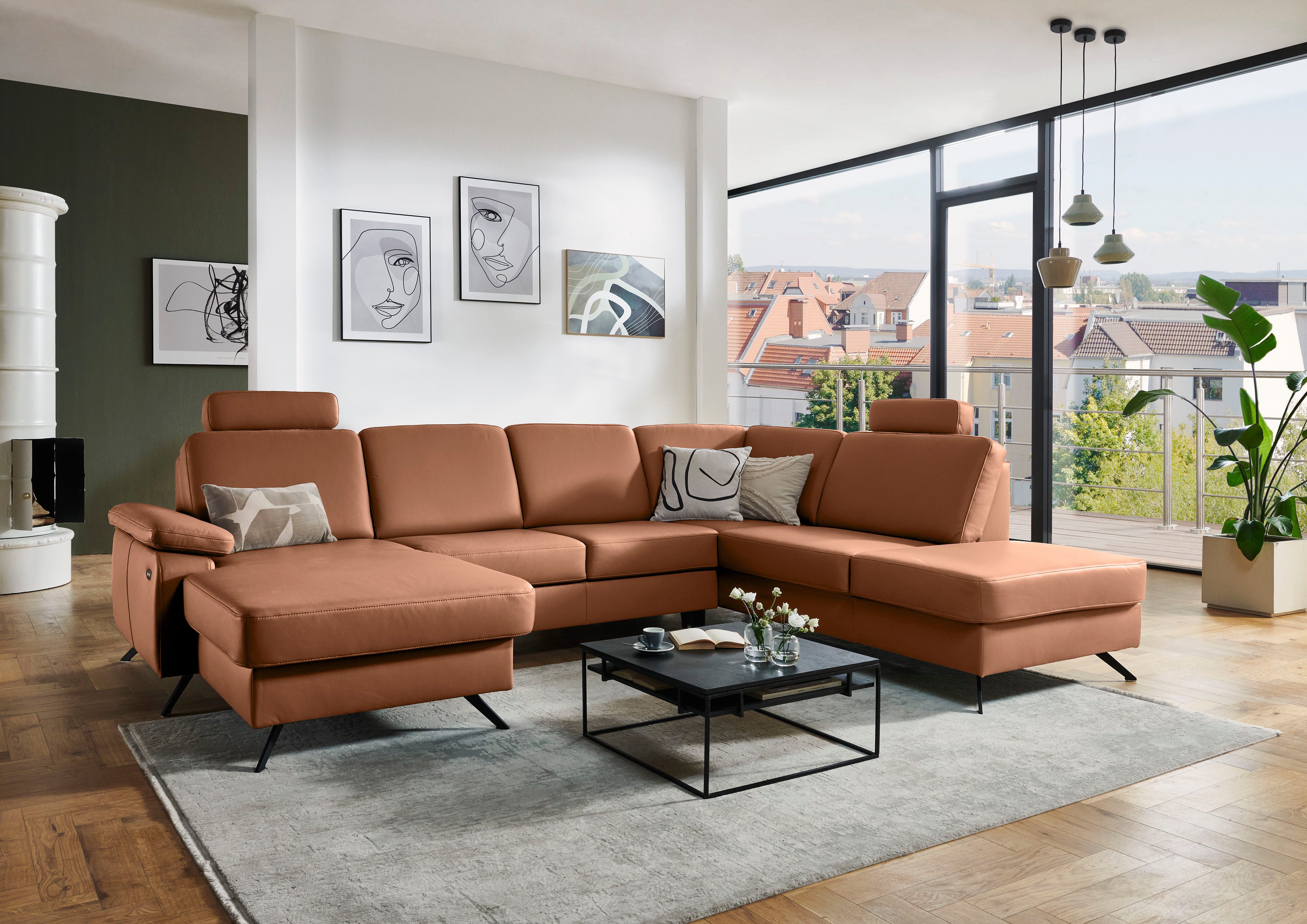 Die PlanBar Wohnlandschaft PN-EM15047 U-Form, mit Kopfstützen, Echtleder, wahlweise mit Bettfunktion u. Stauraum