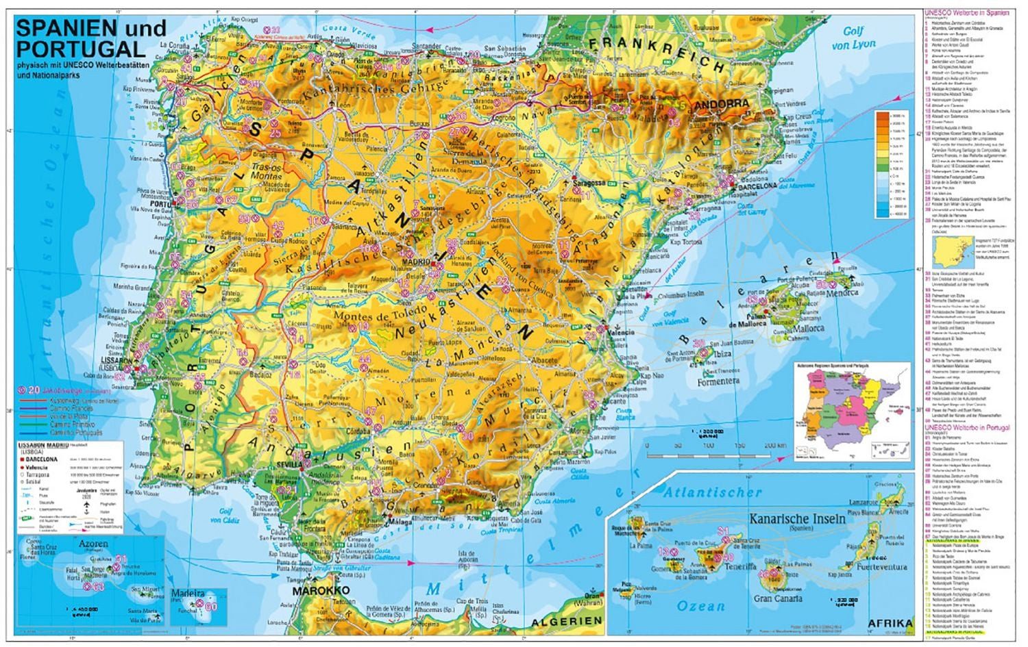 Spanien und Portugal physisch Wandkarte - Poster / Heinrich Stiefel, Wandkarte - Poster
