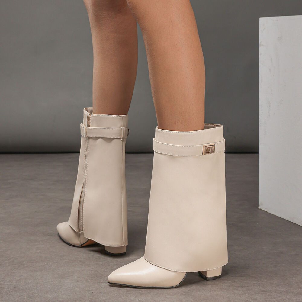 Ital-Design Elegante Stiefeletten mit umgeschlagenem Schaft für Damen High-Heel-Stiefel (90169675) Blockabsatz Stiefel in Beige