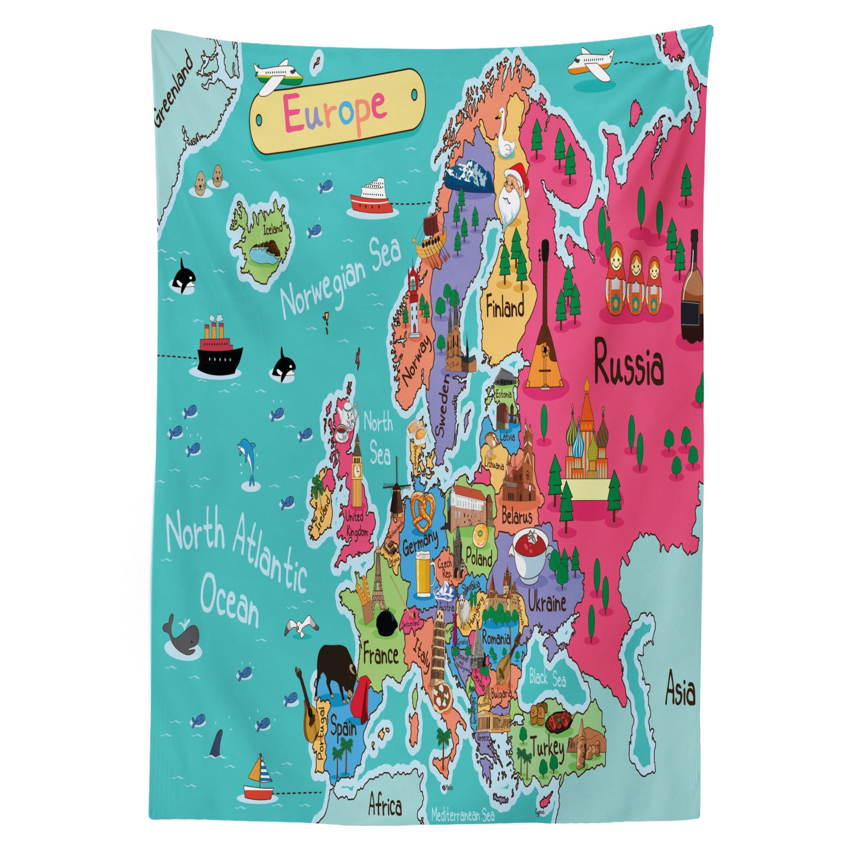 Abakuhaus Tischdecke Farbfest Waschbar Für den Außen Bereich geeignet Klare Farben, Karte Cartoon Europa Karte Orientierungspunkt