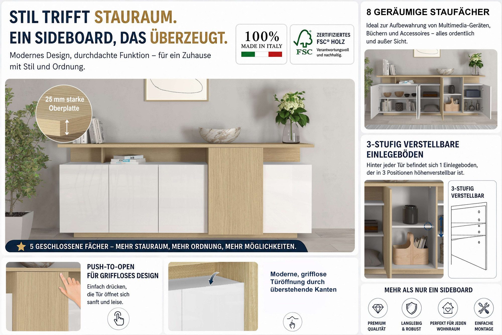 OTTO home Sideboard Sideboard ETHOS, Kommode, Schrank, Kredenz (1 St), Mit 5 Drehtüren, 8 Innenfächern und 2 Außenfächern, B.210 cm