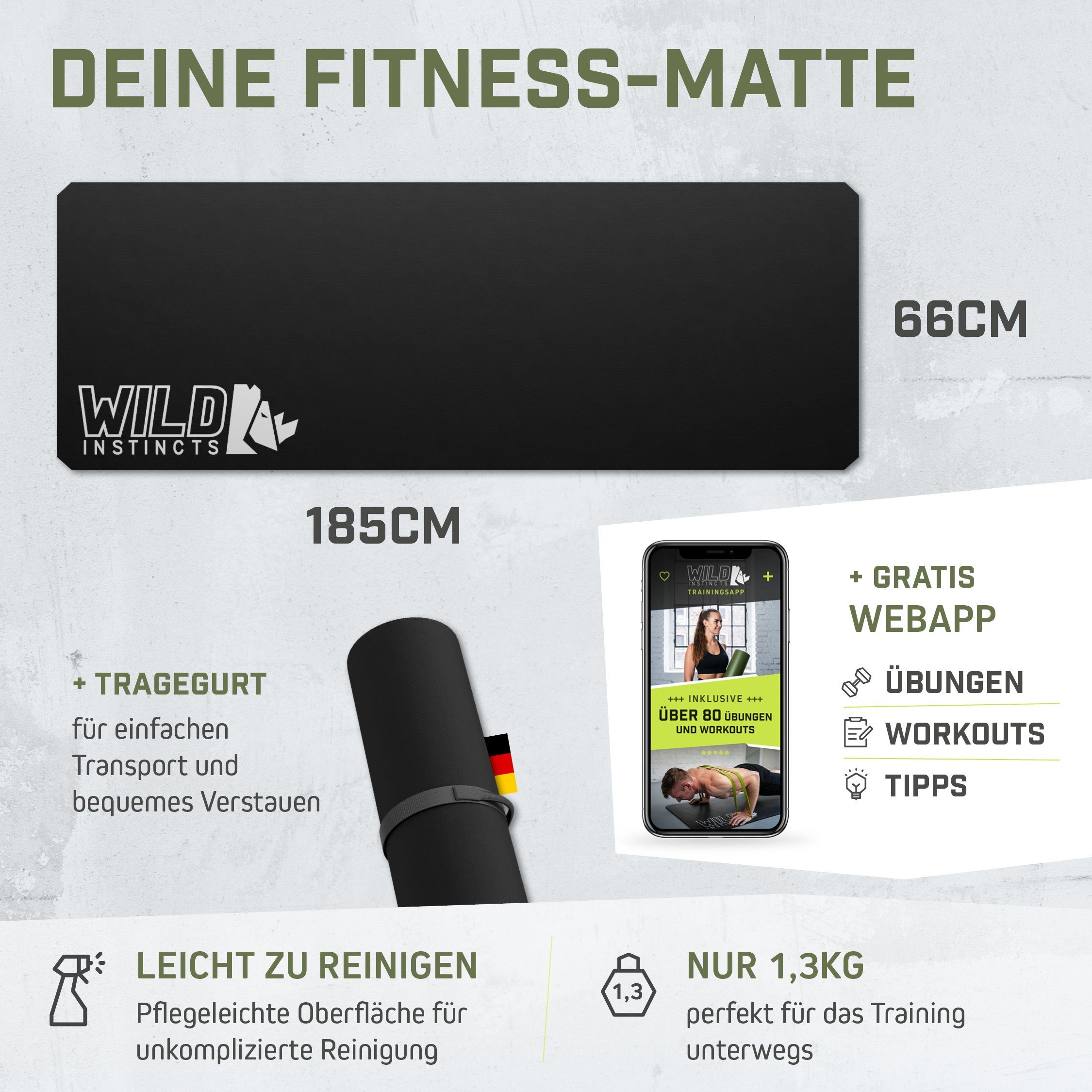 x Fitnessmatte 7mm/Sport Matte/Rutschfest Black & Matte/Workout cm 66 Wild Instincts Pure 185cm Pulse,
