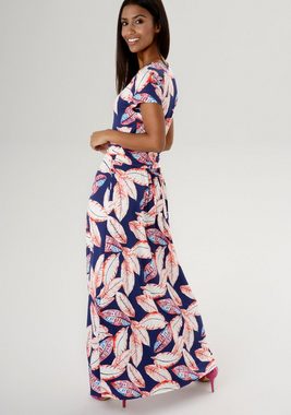 Aniston SELECTED Sommerkleid mit großem Blätterdruck und geraffter Taille - NEUE KOLLEKTION