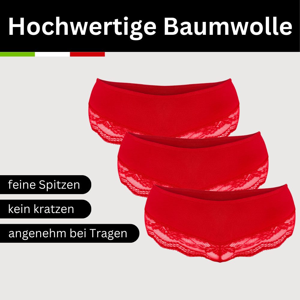 Benonetti Hipster Damen Unterwäsche – Baumwolle Hipster-Slips mit nahtloser Spitze (3er Set, 3er-Pack) mit Spitze, Elastikbund, Gemusterte Brasilslips