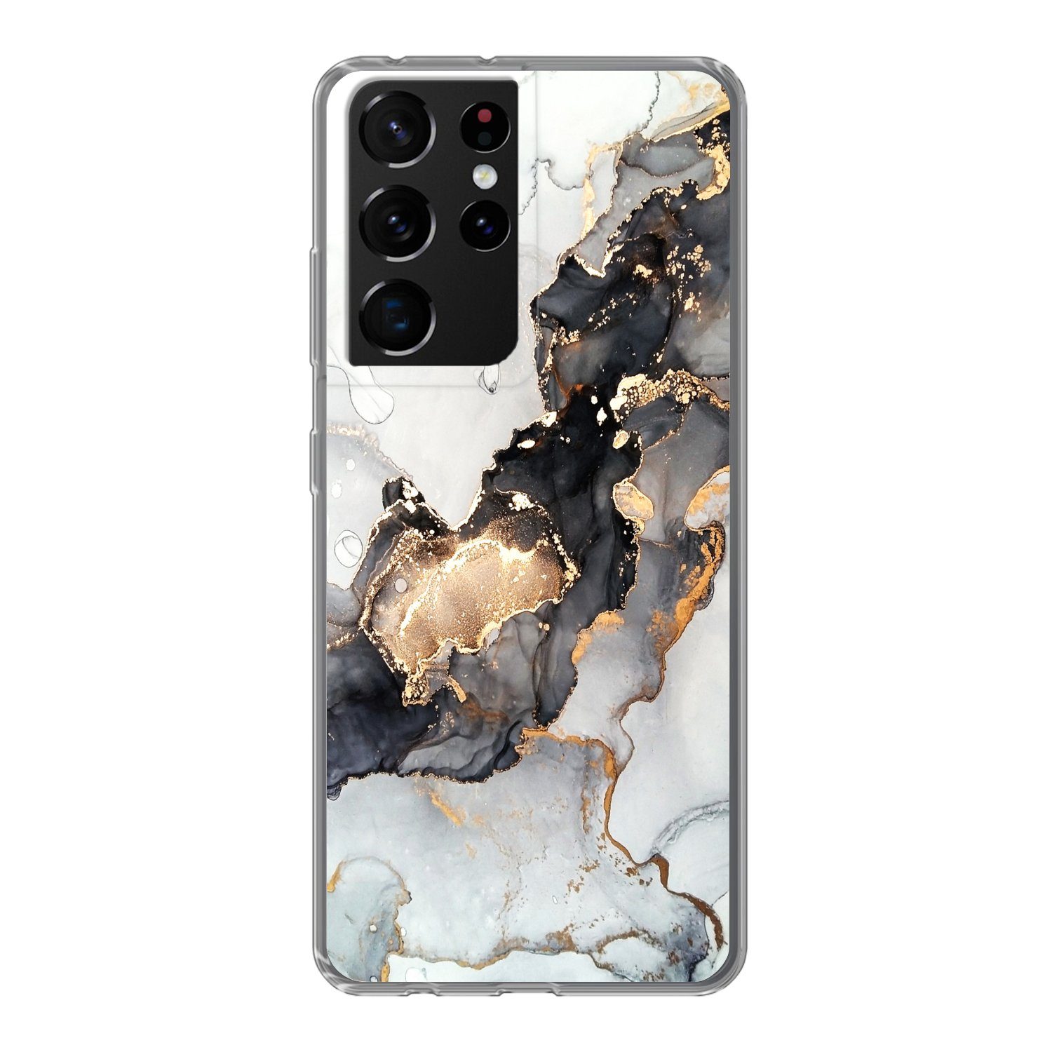 MuchoWow Handyhülle für Samsung Galaxy S21 Ultra Marmor - Schwarz - Weiß - Gold - Luxus -, Phone Case, Silikon, Schutzhülle Dünn
