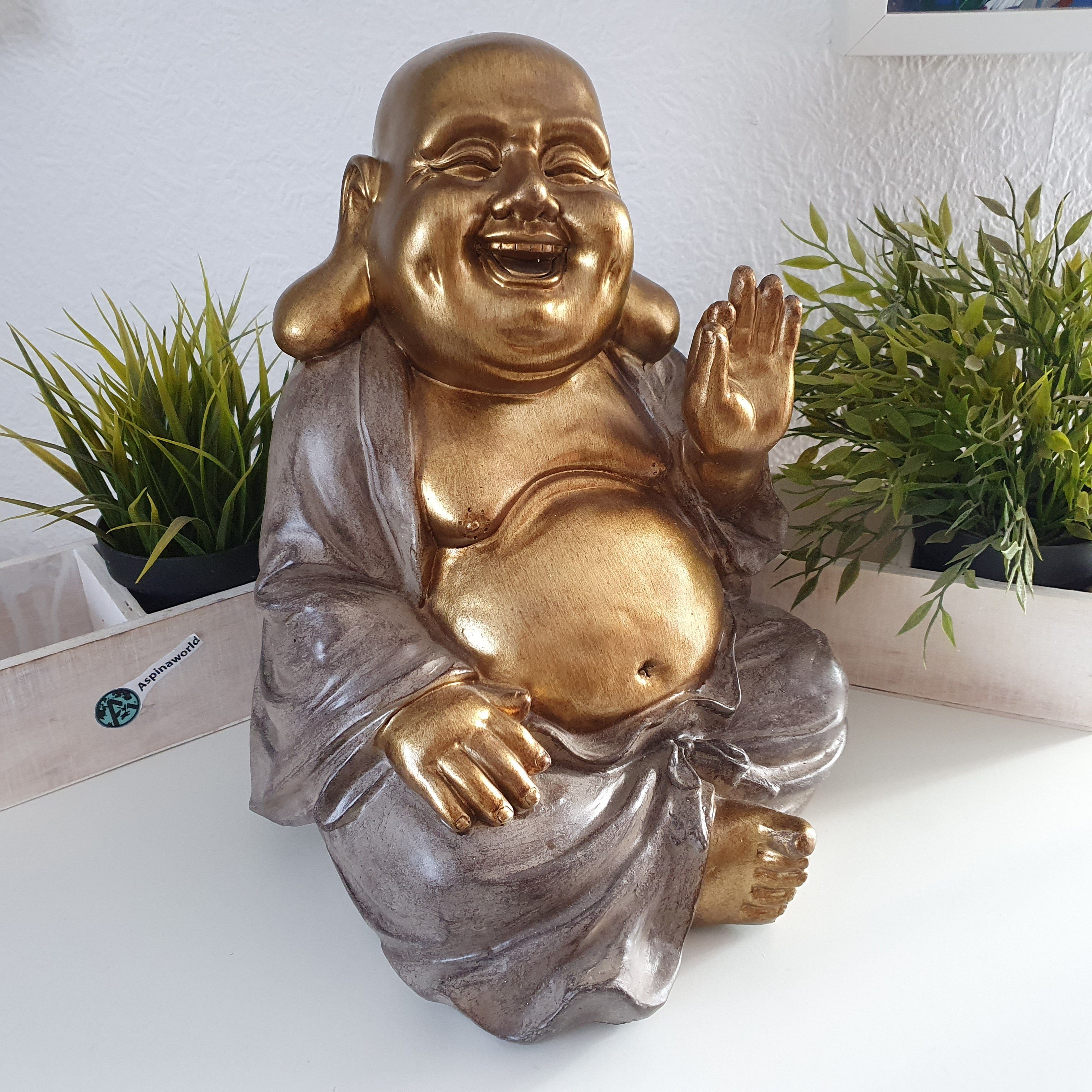 Aspinaworld Dekofigur Große sitzende Buddha Figur mit dickem Bauch gold 30 cm
