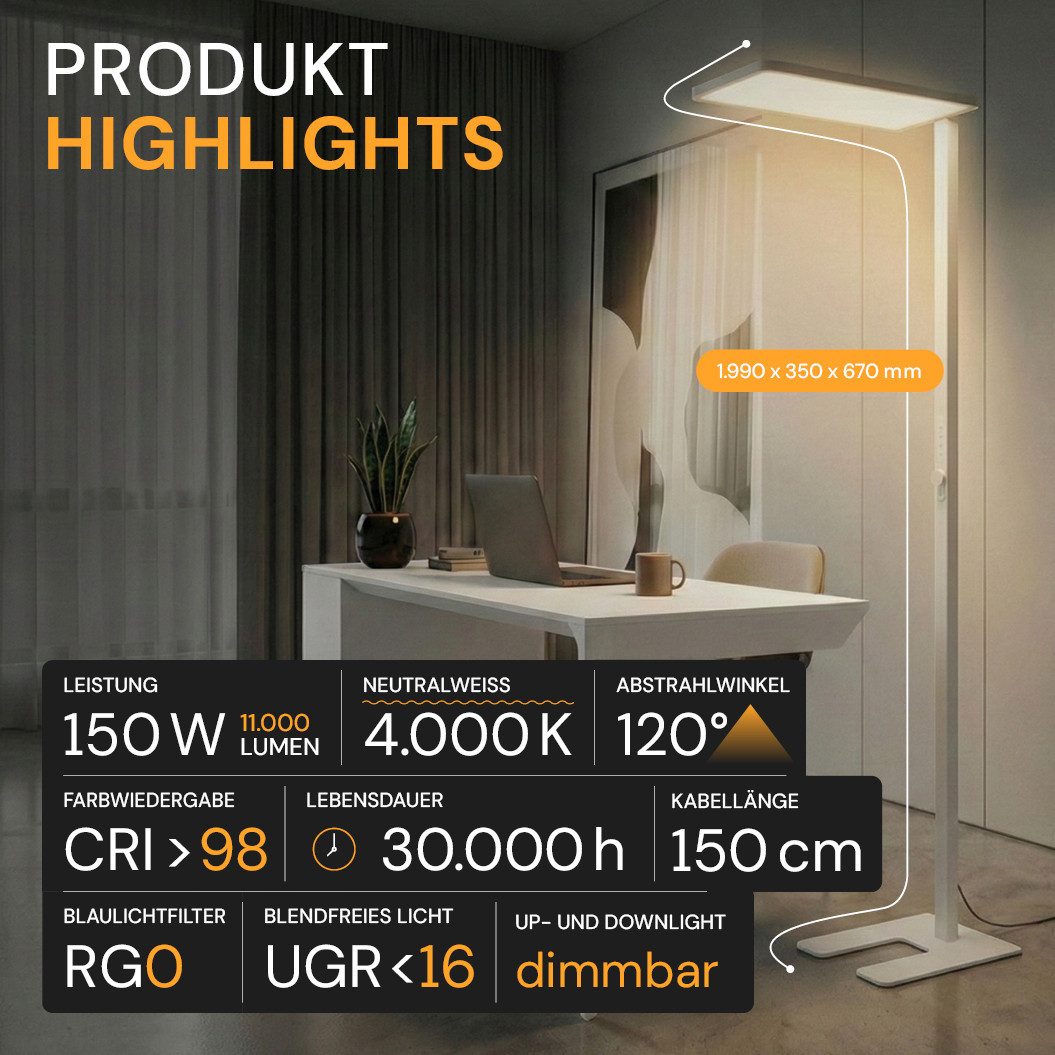 ENOVALITE LED Stehlampe Büro-Stehleuchte, LED fest integriert, 4000K Neutralweiß, Up/Down Light, mit Bewegungsmelder