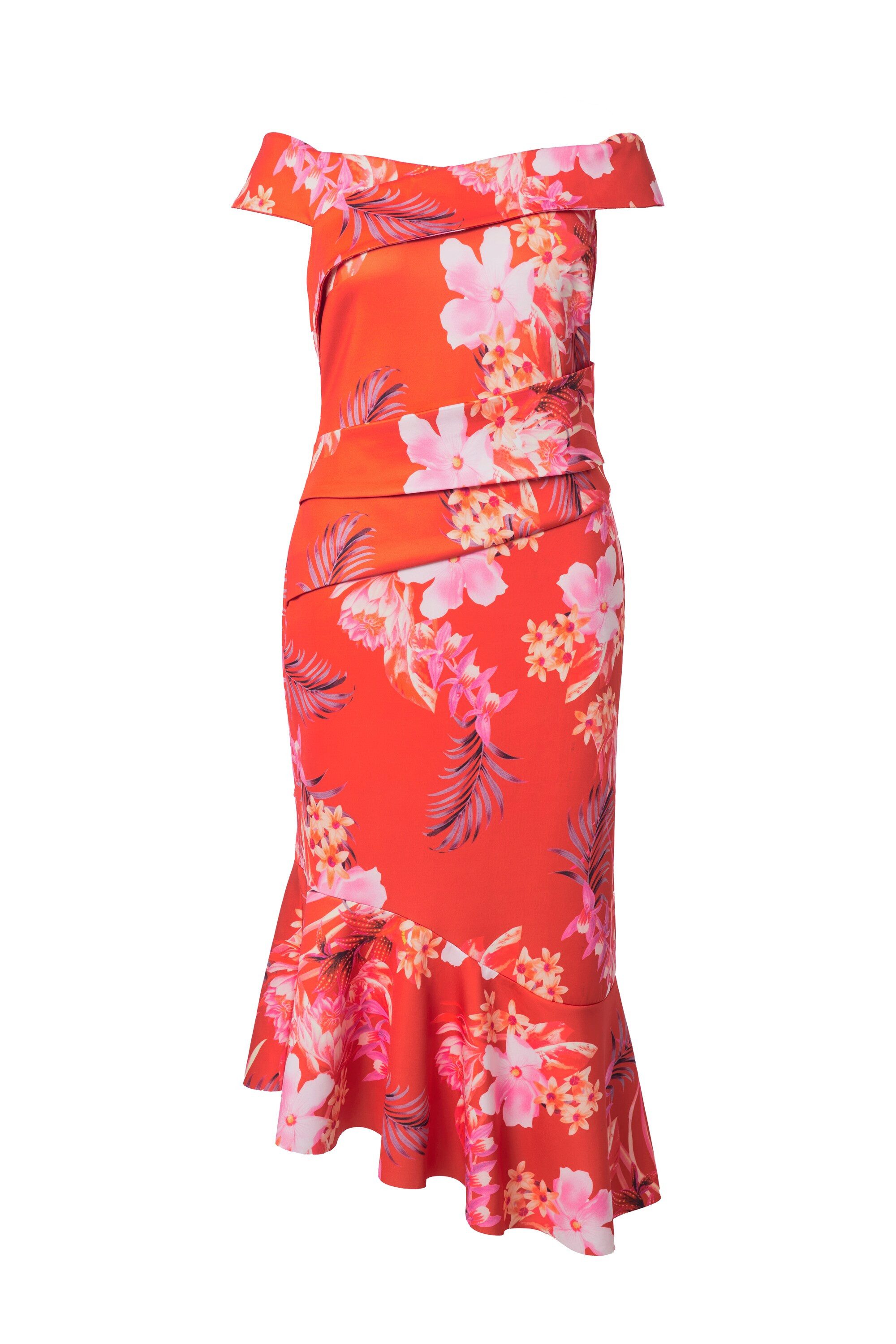 Ulla Popken Cocktailkleid Scuba-Maxikleid Muster Carmenausschnitt Drapierun günstig online kaufen
