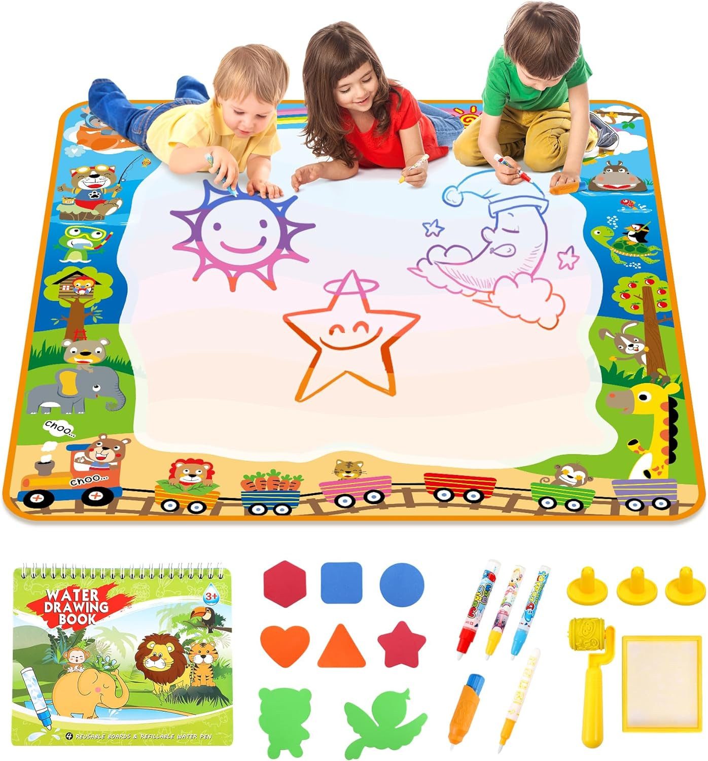 POPOLIC Lernspielzeug 100×100cm Wasser Doodle Matte - Aqua Magic Doodle Matte (Große Wassermalmatte), Spiele ab 2 Jahre - Montessori Spielzeug 1 2 3 Jahre