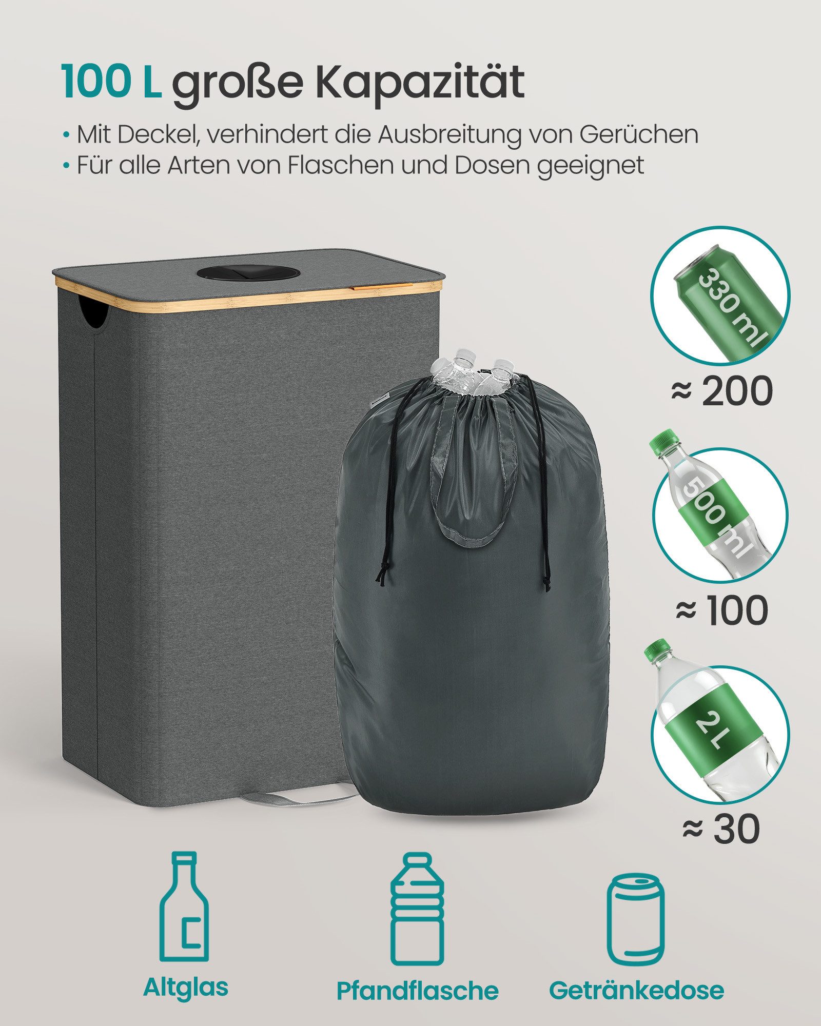 SONGMICS Flaschenkorb Pfandflaschen-Sammelbehälter, Flaschensammler Leergut, Küche, 95 L Pfandflaschen-Behälter, mit Loch, Deckel, Innensack mit Griffen