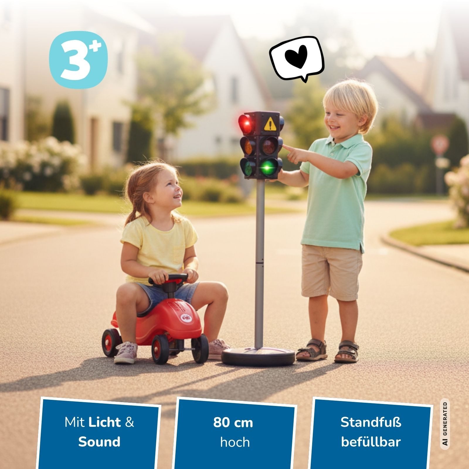 alldoro Spiel-Verkehrszeichen Verkehrsampel für Kinder, 80 cm hoch, mit Licht & Sound, Befüllbarer Standfuß, Lernampel für Verkehrserziehung und Rollenspiel