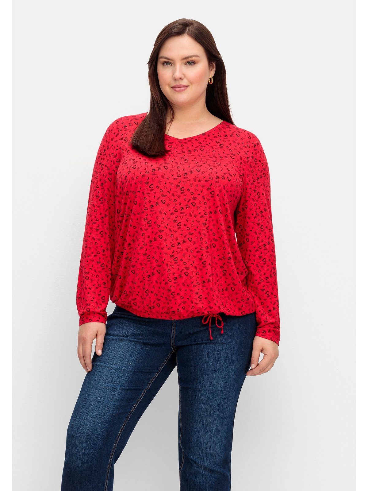 Sheego Langarmshirt Große Größen mit Alloverdruck und Saum-Bindeband