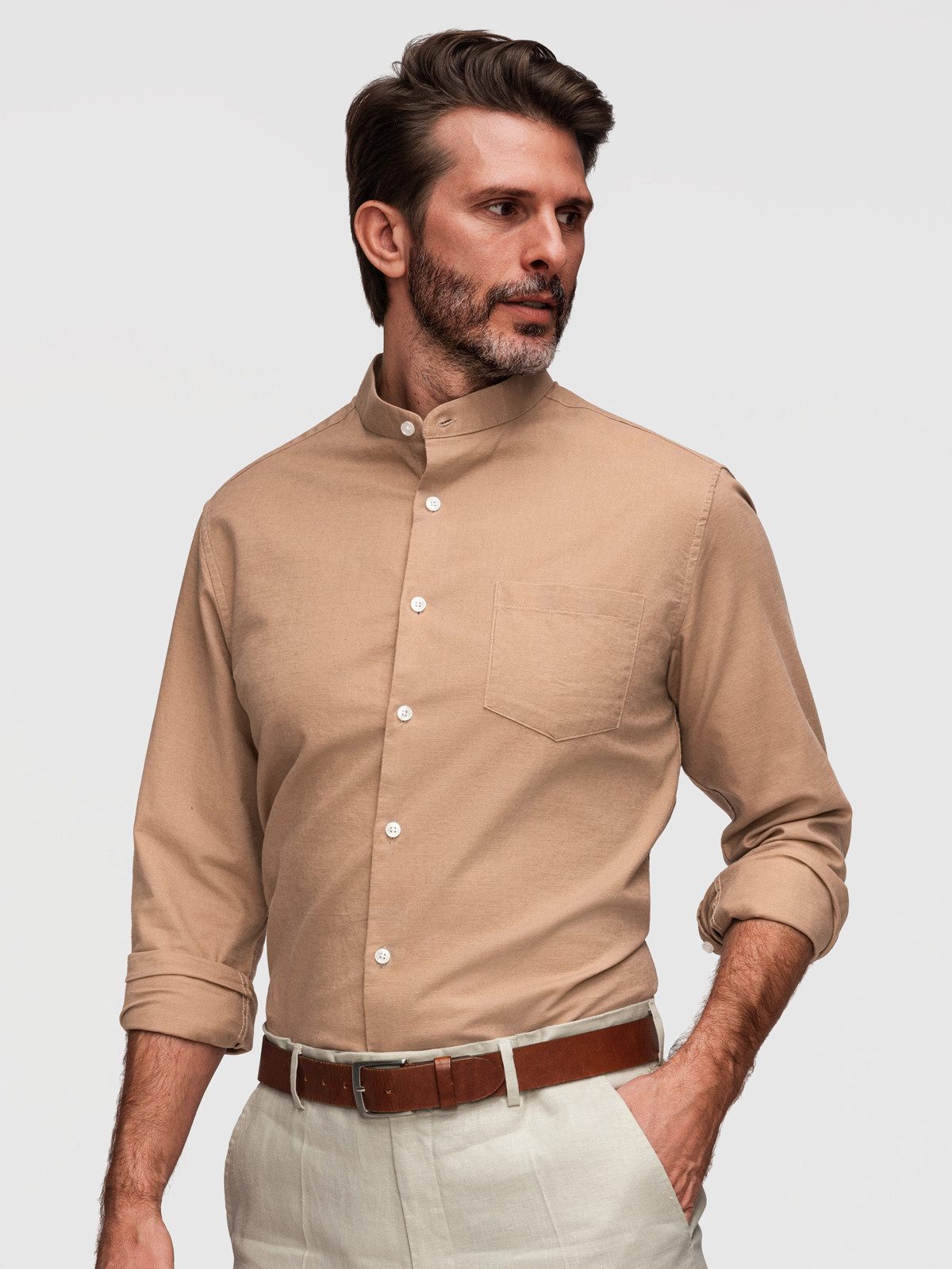 Langarmhemd Herren Leinenhemd Stehkragen Casual Coffee XXL