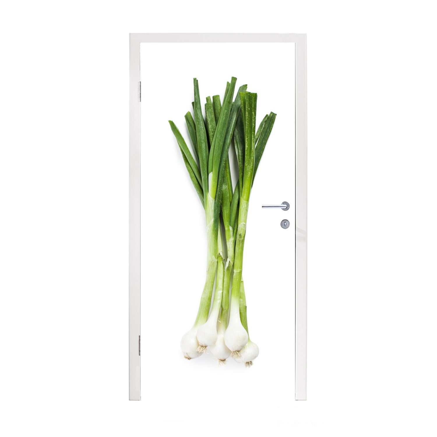 MuchoWow Türtapete Nahaufnahme einer Bio-Frühlingszwiebel vor weißem Hintergrund, Matt, bedruckt, (1 St), Fototapete für Tür, Türaufkleber, 75x205 cm