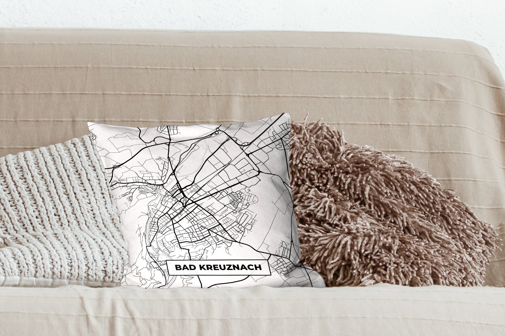 MuchoWow Dekokissen Karte Füllung Zierkissen - für Kreuznach - Bad Stadtplan, mit Wohzimmer, Deko, Schlafzimmer, Sofakissen