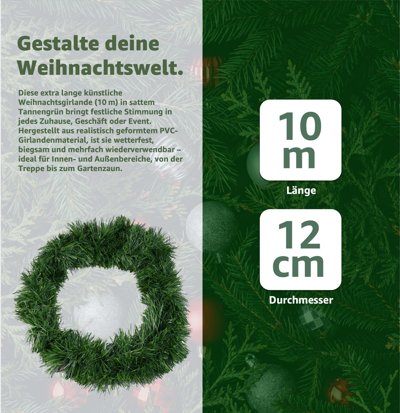 Kunstgirlande Weihnachtsgirlande 10 Meter - Dekogirlande Weihnachten Deko, Weihnachtswunder®, Flexibel einsetzbar / Einfach zu formen