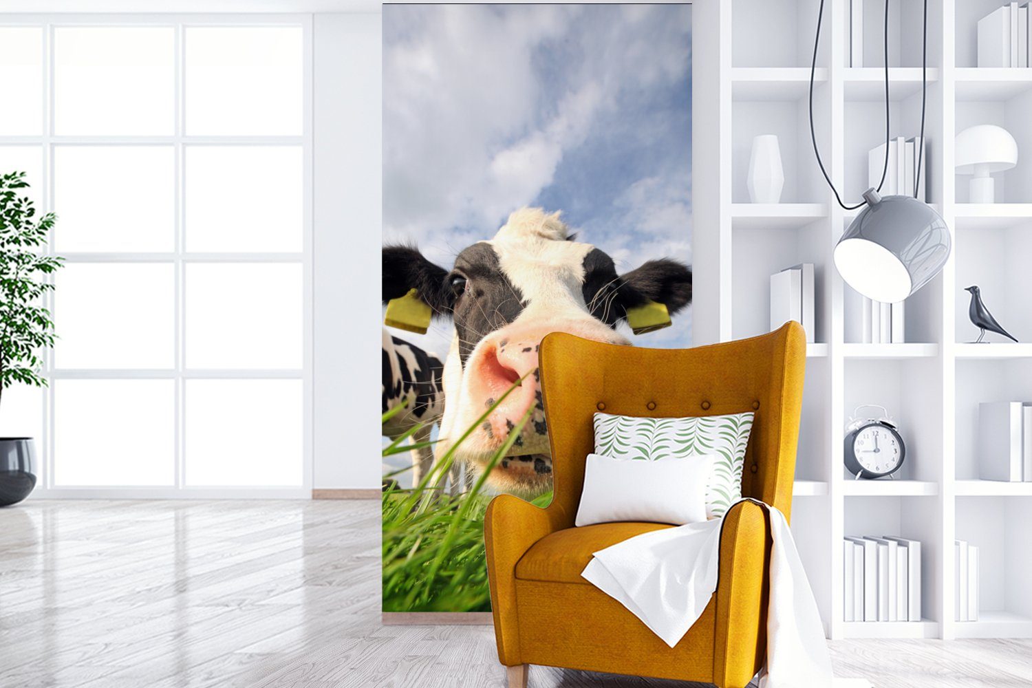 Schlafzimmer Gras bedruckt, Tiere, Fototapete Küche, Matt, - St), Vliestapete (2 Bauernhof Wohnzimmer - - Fototapete MuchoWow Kuh für