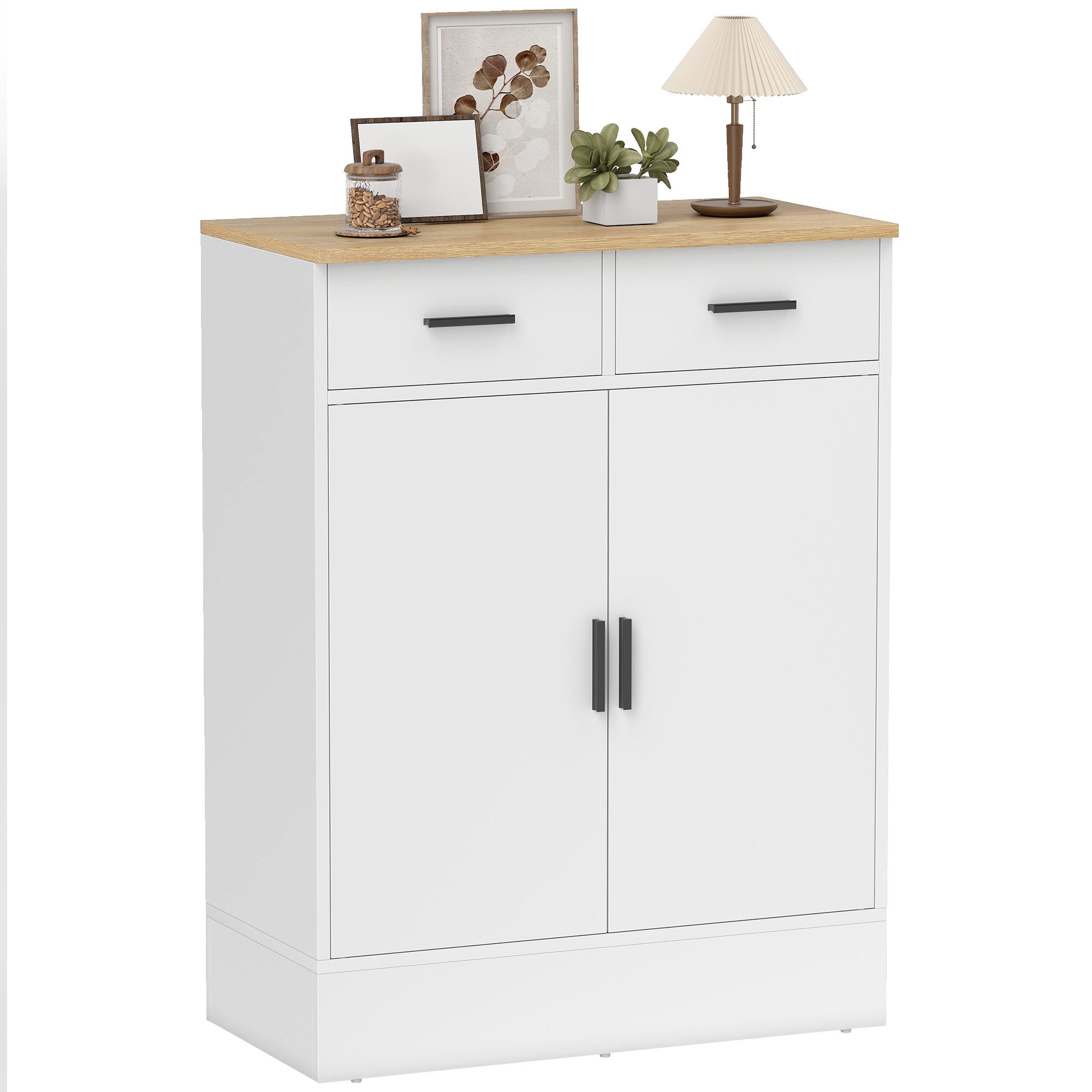 HOMCOM Sideboard Beistellschrank mit 2 Schubladen, 2 Türen (Aufbewahrungsschrank, 1 St., Küchenschrank), mit verstellbarem Einlegeboden, Weiß+Naturholz