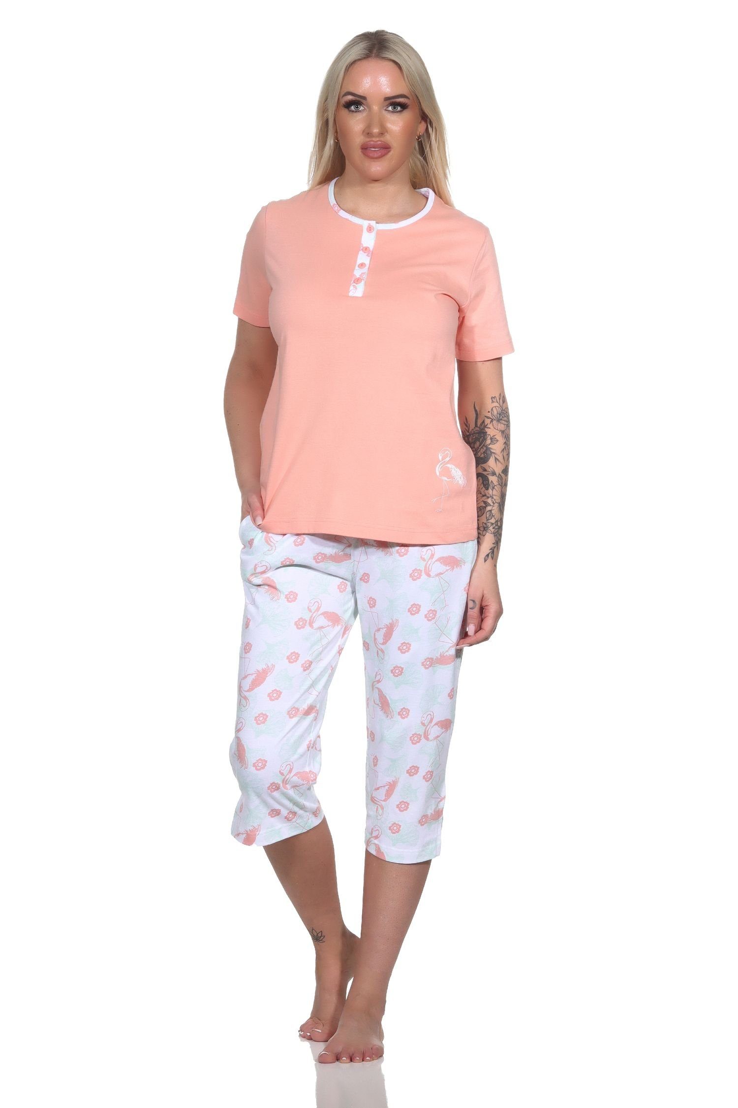 Pyjama kurzarm mit Damen Motiv Flamingo Capri apricot Pyjama Normann Schlafanzug