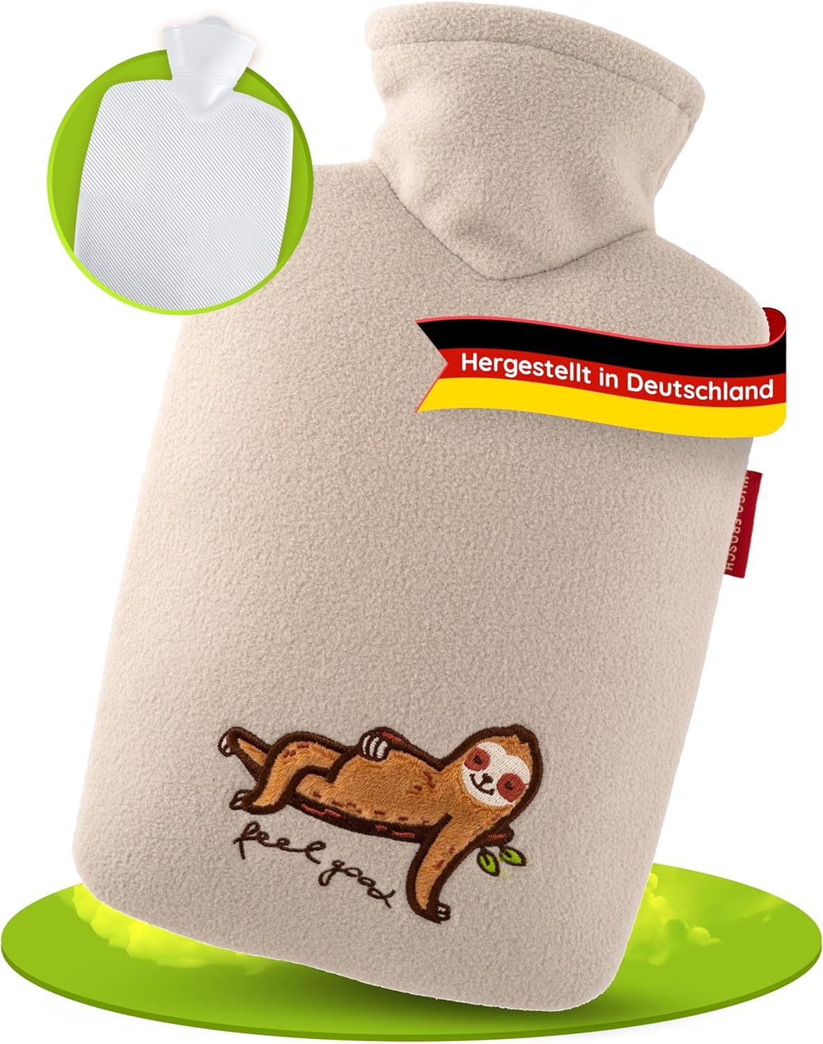 Hugo Frosch Wärmflasche Klassik 1,8 l mit Fleecebezug & Stick-Applikation, Faultier "feel good" - langlebige Bettflasche, waschbarer Überzug