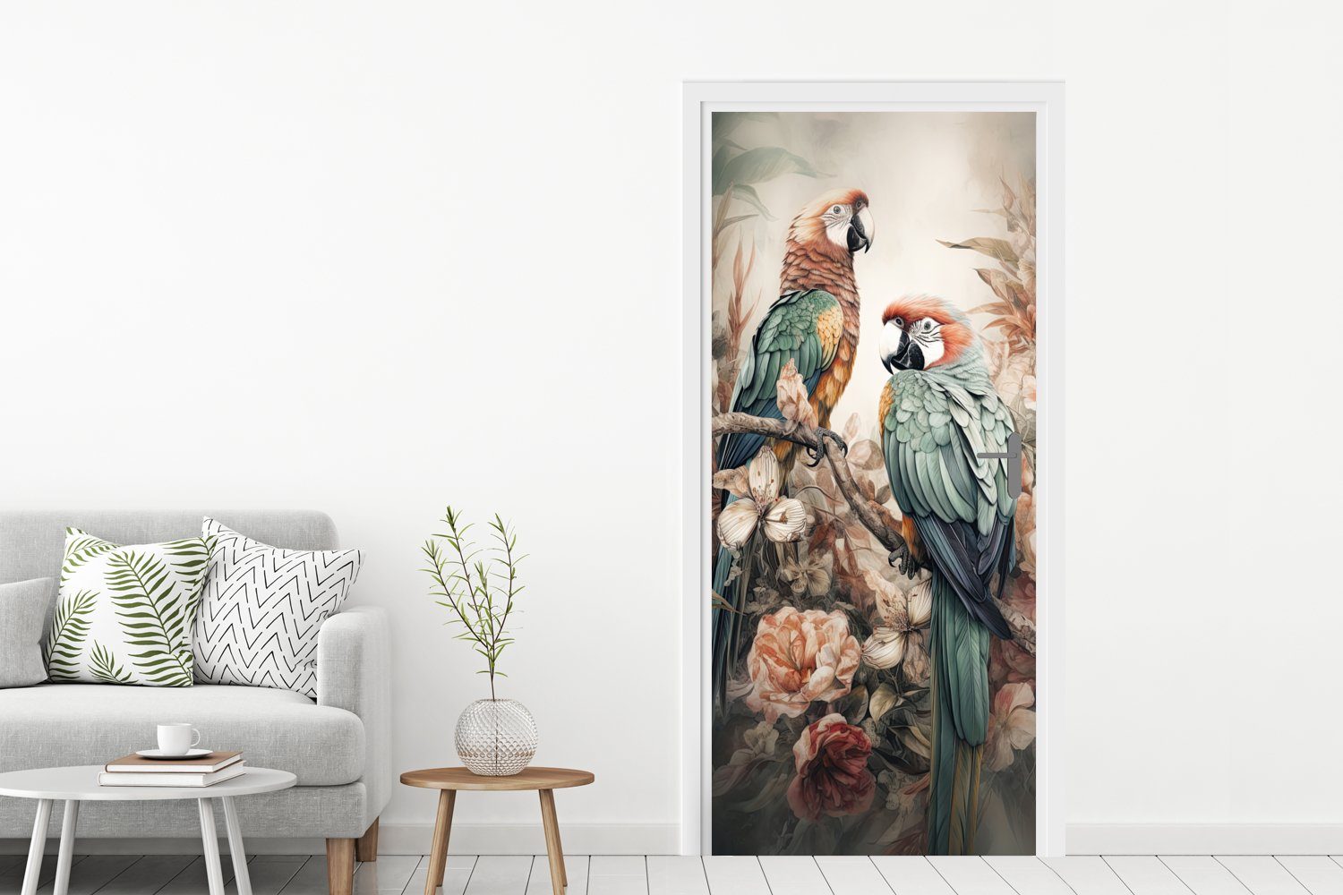 MuchoWow Türtapete Papageien - bedruckt, Türaufkleber, Vögel cm 75x205 - - Natur Blumen, für Matt, Fototapete Tür, St), (1