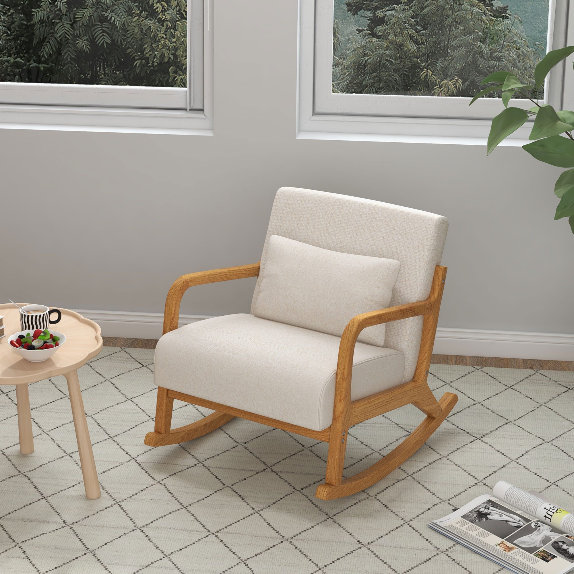 HOMCOM Schaukelstuhl Schwingsessel mit Holzgestell, Relaxsessel mit Armlehne (Schaukelsessel, 1 St), für Schlafzimmer, Wohnzimmer, Creme