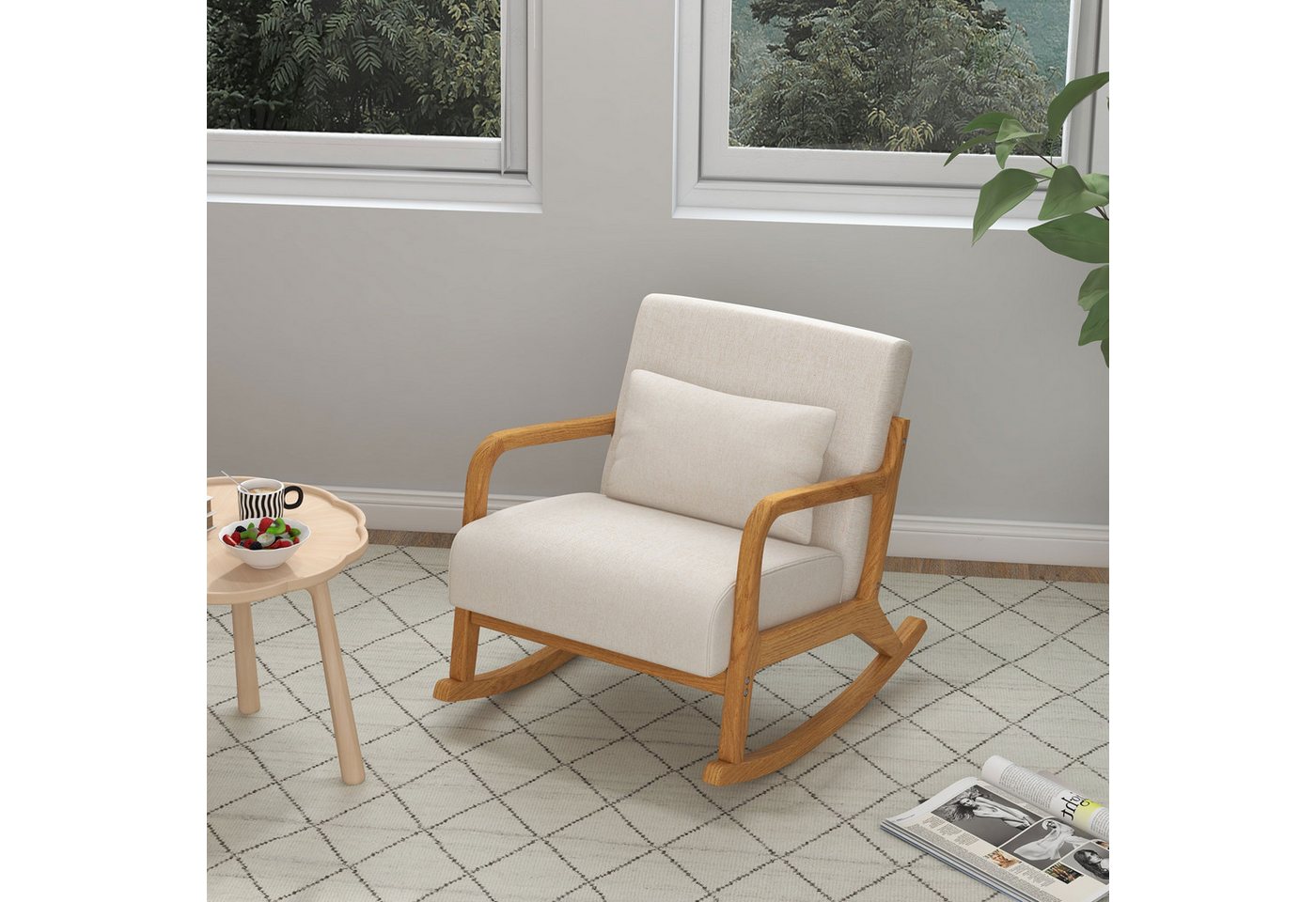 HOMCOM Schaukelstuhl Schwingsessel mit Holzgestell, Relaxsessel mit Armlehne (Schaukelsessel, 1 St), für Schlafzimmer, Wohnzimmer, Creme