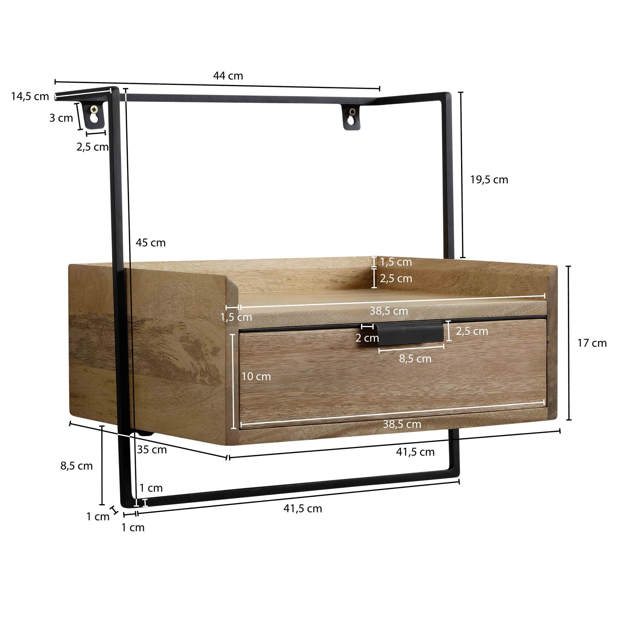 FINEBUY Nachttisch FB64194 Nachtkonsole Wandmontage Schublade schwebend Wandboard (Nachtschrank Mango Massivholz, Nachtkästchen), Nachtkonsole für Wandmontage 44x35 cm Hellbraun