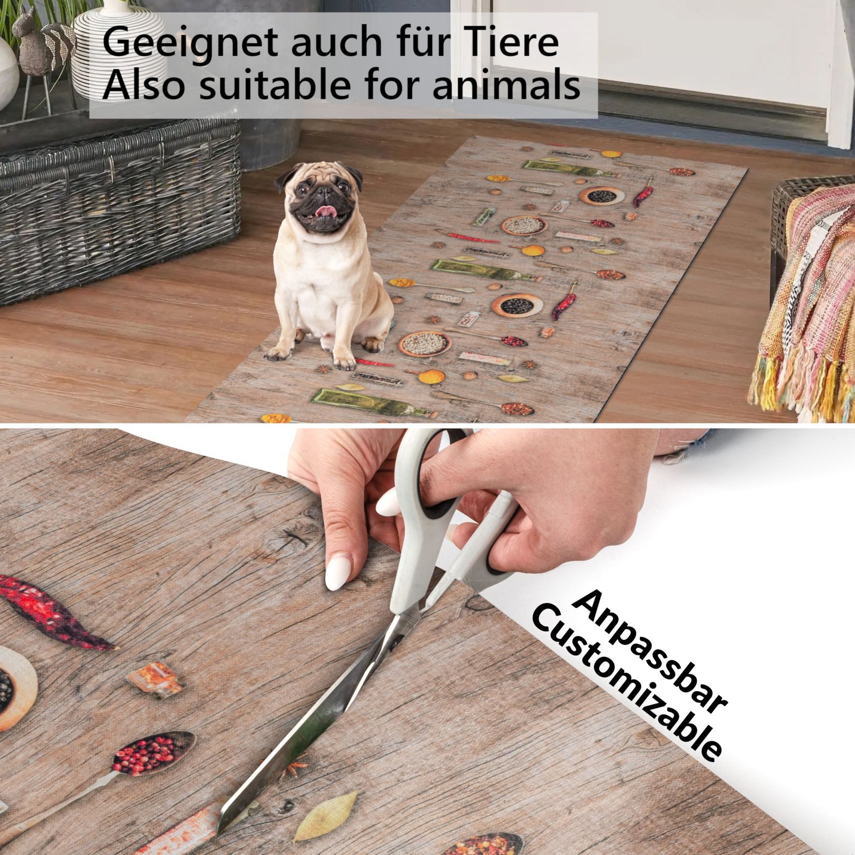 ANRO Küchenläufer RANNA Hochwertig Küchenteppich Teppich Textil, Eckig, Bodenläufer 100x65cm Gewürze auf Holz Beige pflegeleicht – Bild 4 von 5