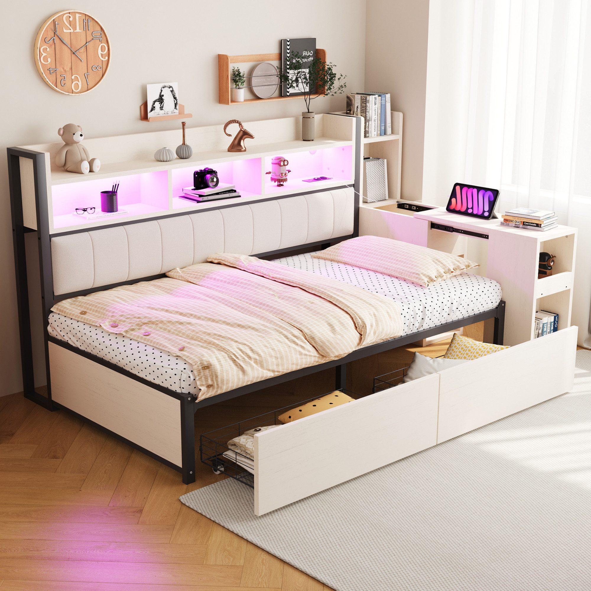 Celya Schlafsofa 90 x 200 cm, Mit vielseitigen Staufächern, ohne Matratze,mit multifunktionalen Steckdosen und LED-Beleuchtung, mit großen Schubladen und einem ausziehbaren Schreibtisch