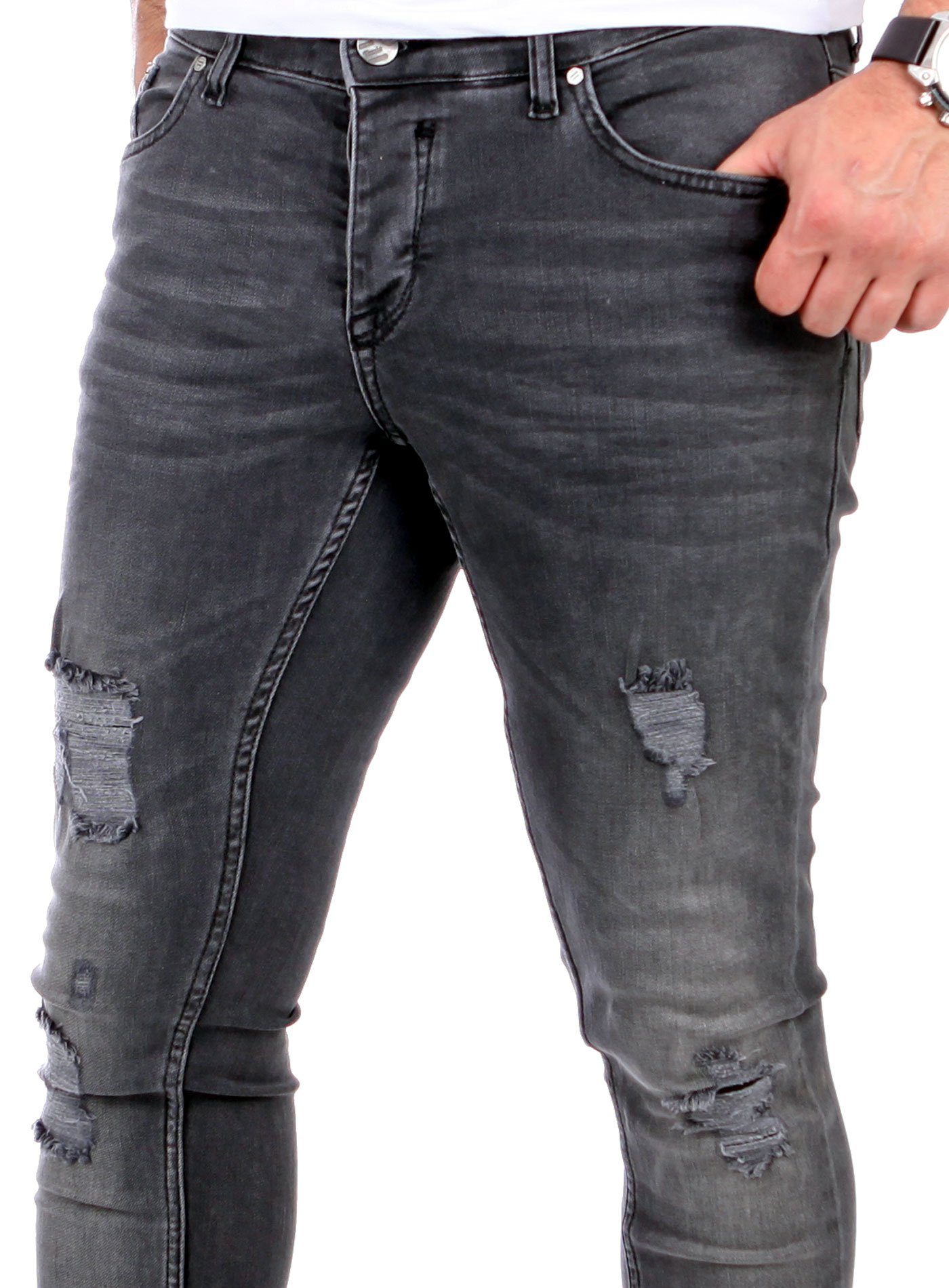 Reslad Slim Destroyed-Jeans Fit Slim Jeans-Hose Destroyed Jeans Look Herren Reslad Denim Stretch schwarz Look Fit Jeans Destroyed