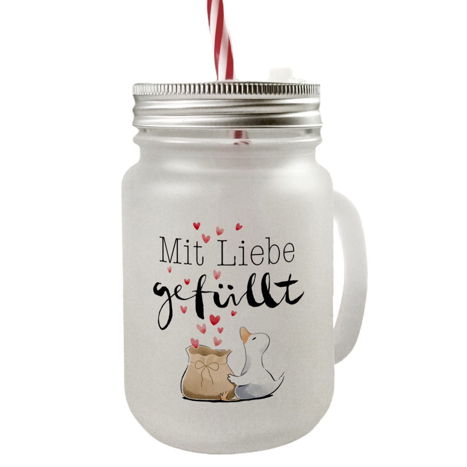 Glas Ente Mason Jar Henkel Trinkglas mit Deckel Spruch Liebe gefüllt