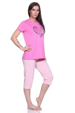 Normann Pyjama Damen Capri Schlafanzug, 3/4-Capri-Pyjama mit süßem Herzchen-Muster