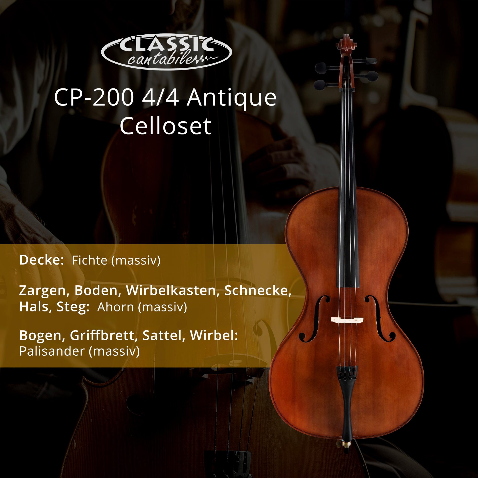 Classic Cantabile Cello CP-200 4/4 Antique Celloset - Einsteigerfreundlich und klangstark, inkl. Bogen, Kolofonium und gepolsterter Tragetasche, Vollmassiver Korpus für exzellenten Klang