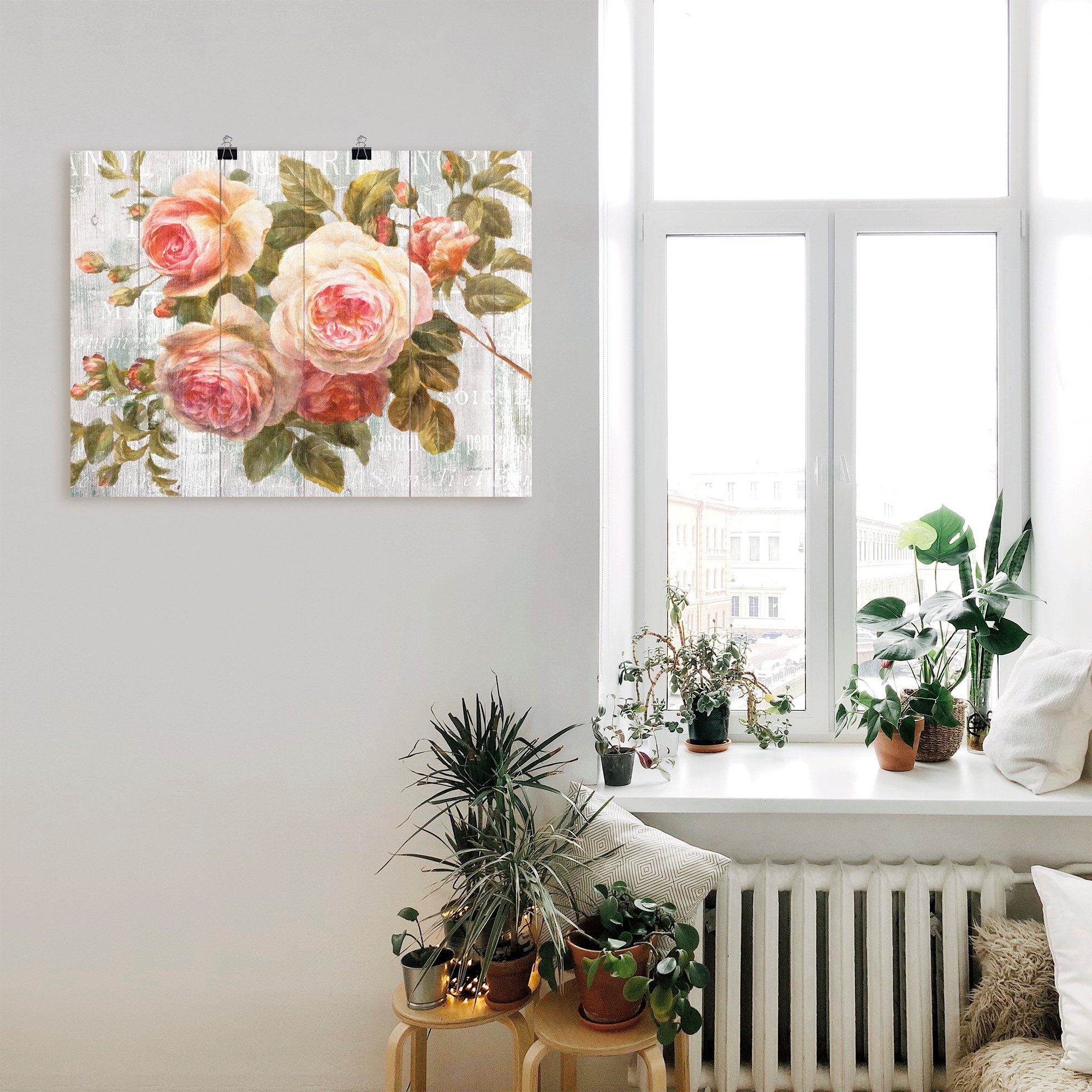 Artland Wandbild Vintage Rosen auf Holz, Blumen (1 St), als Leinwandbild, Poster in verschied. Größen