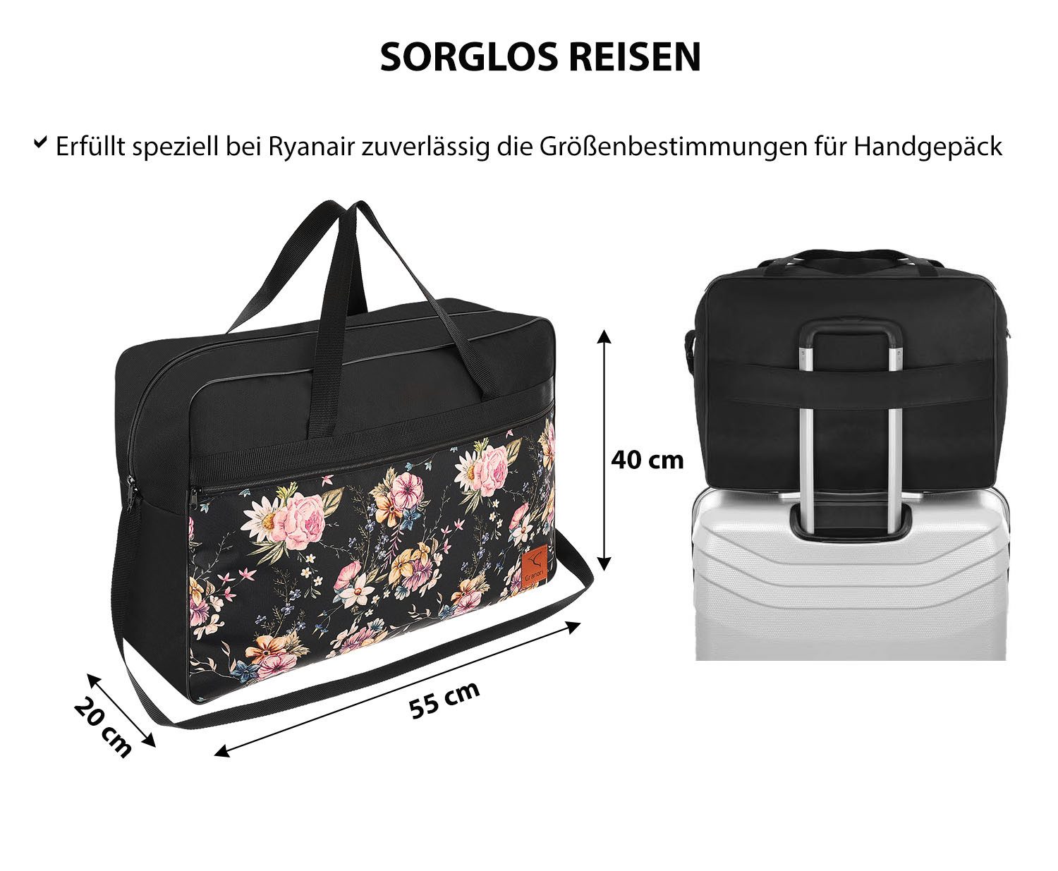Granori Reisetasche 55x40x20 cm Handgepäck mit Blumen-Muster für Damen, viel Platz (über 40 l Volumen) und sehr leicht, mit Trolleyhalterung