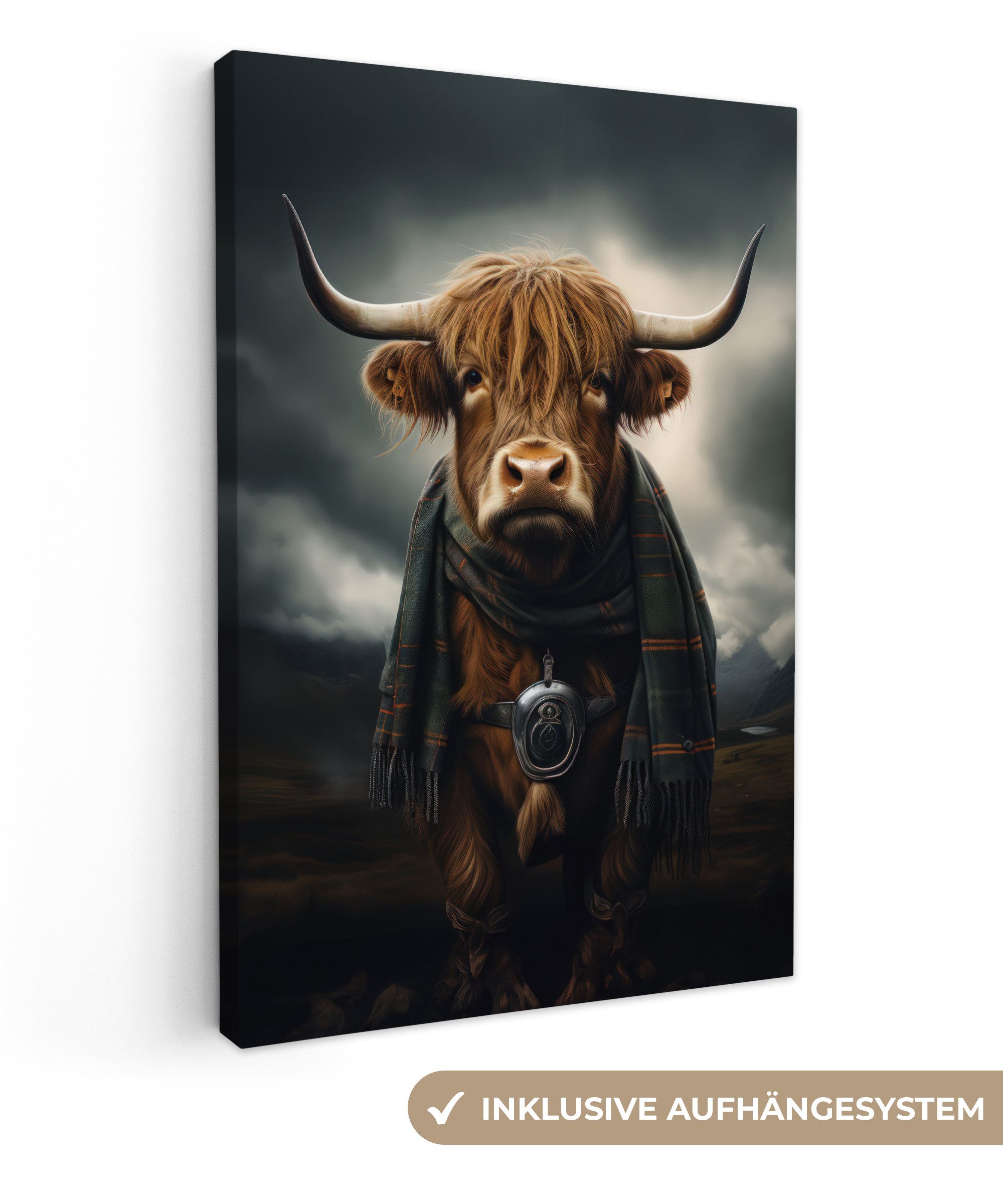 OneMillionCanvasses® Leinwandbild Schottischer Highlander - Schal - Berge, Fotodruck (1 St), Leinwandbilder XXL für Wohnzimmer 90x140 cm