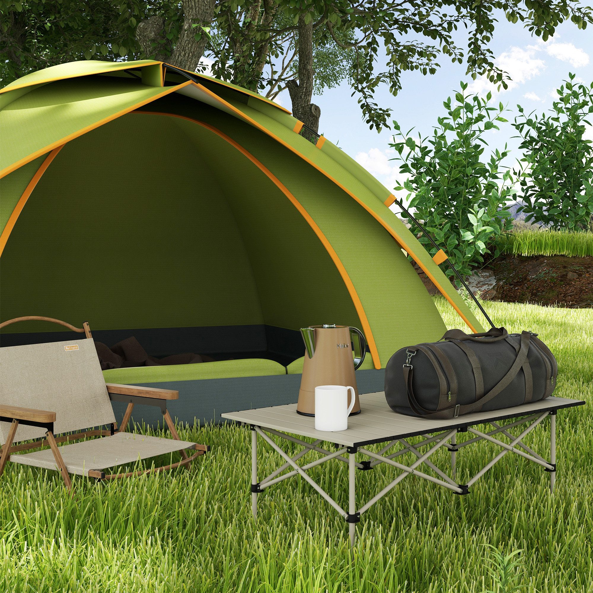 Outsunny Campingtisch mit aufrollbare Tischplatte, X-Rahmen (Klapptisch, 1-St., Gartentisch aus Aluminium), für Garten, Balkon, Camping, 95 x 55cm Khaki