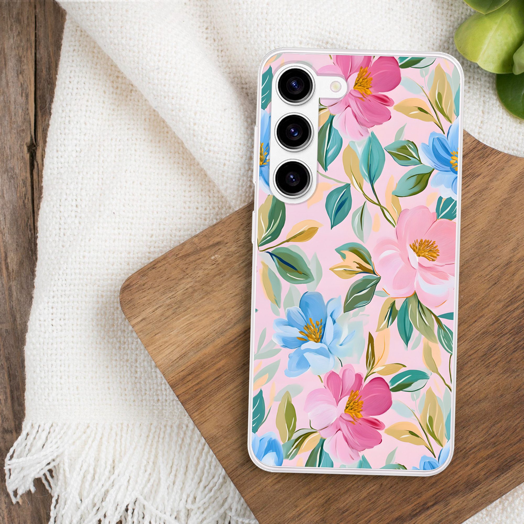 MuchoWow Handyhülle für Samsung Galaxy S23 Blau - Rosa - Blumen, Phone Case, Silikon, Schutzhülle Dünn