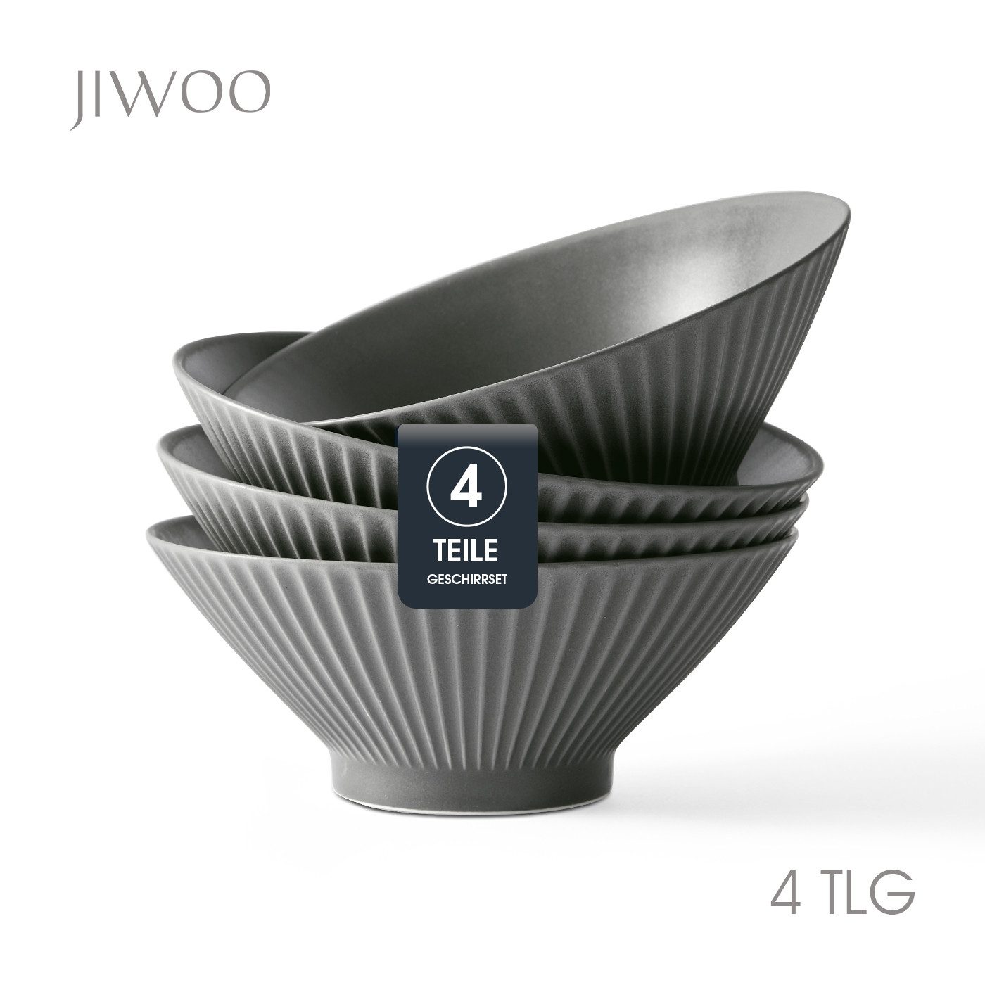 JIWOO Schüssel 4er Ø20cm, Japanische Ramenschüssel Suppenschüssel bowl Pastaschüssel, Keramik, (Schüsselset, 4-tlg), Hochwertiges Schüsseln Schwarz Mikrowellenofen Spülmaschine Ø 20cm