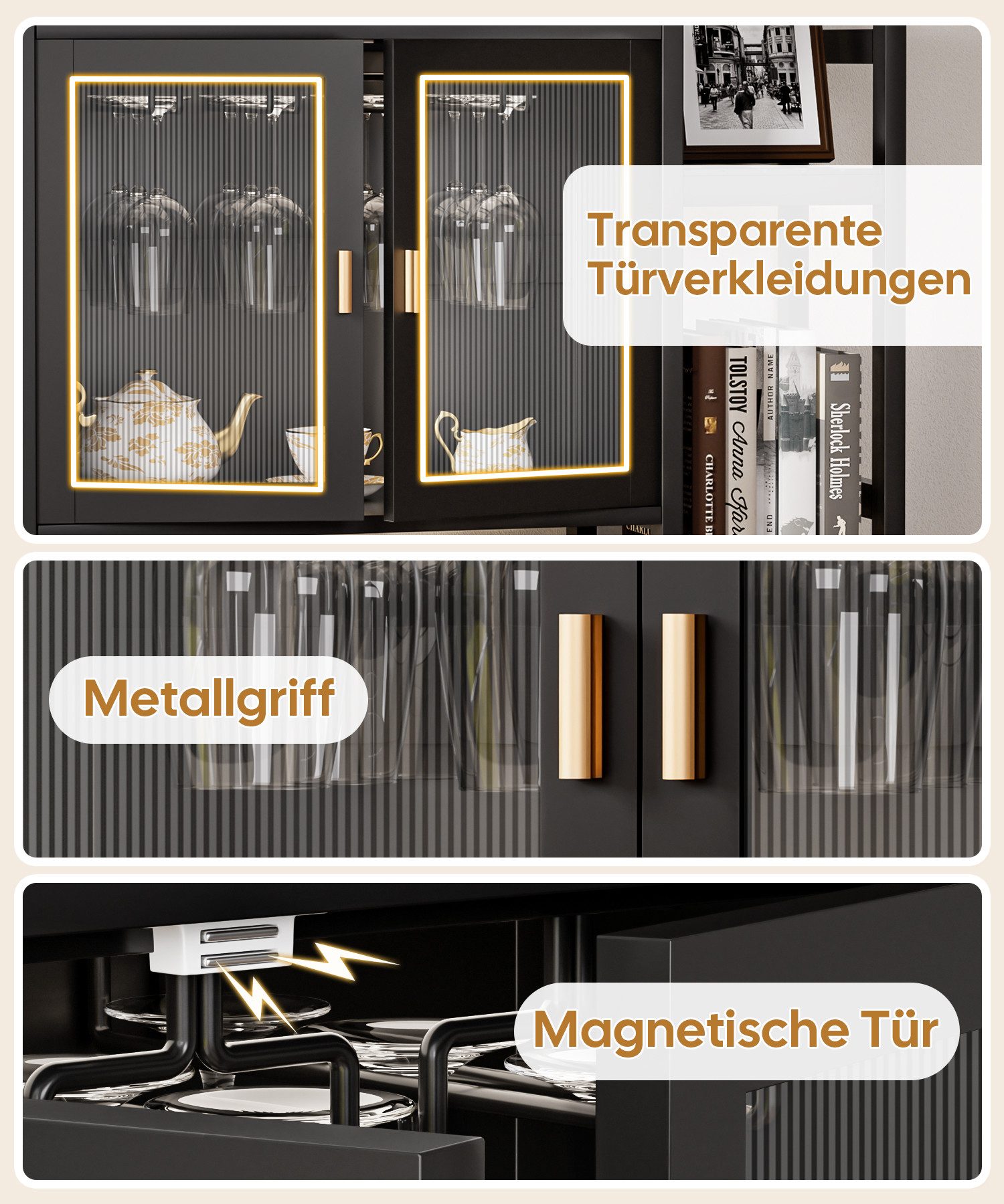 Yorbay Weinregal Freistehender Bodenständer in Schwarz mit Glastüren 4-Etagen, Weinflaschen-Display mit Seitentablaren & Glasaufbewahrung – Bild 5 von 5