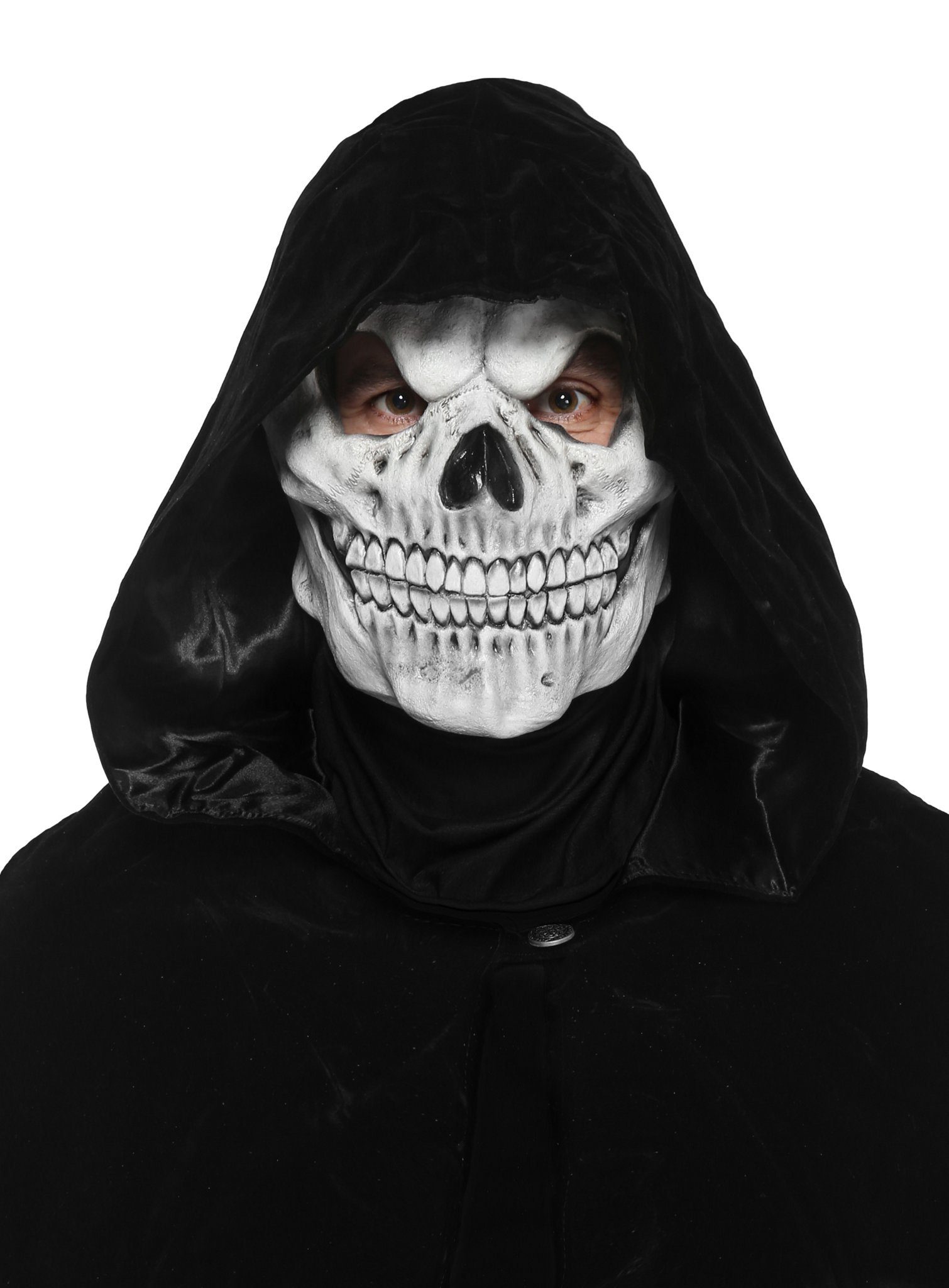 Maskworld Kostüm Weiße Schädel Maske mit schwarzem Umhang, 2-teiliges Set zur schnellen, gruseligen Verwandlung