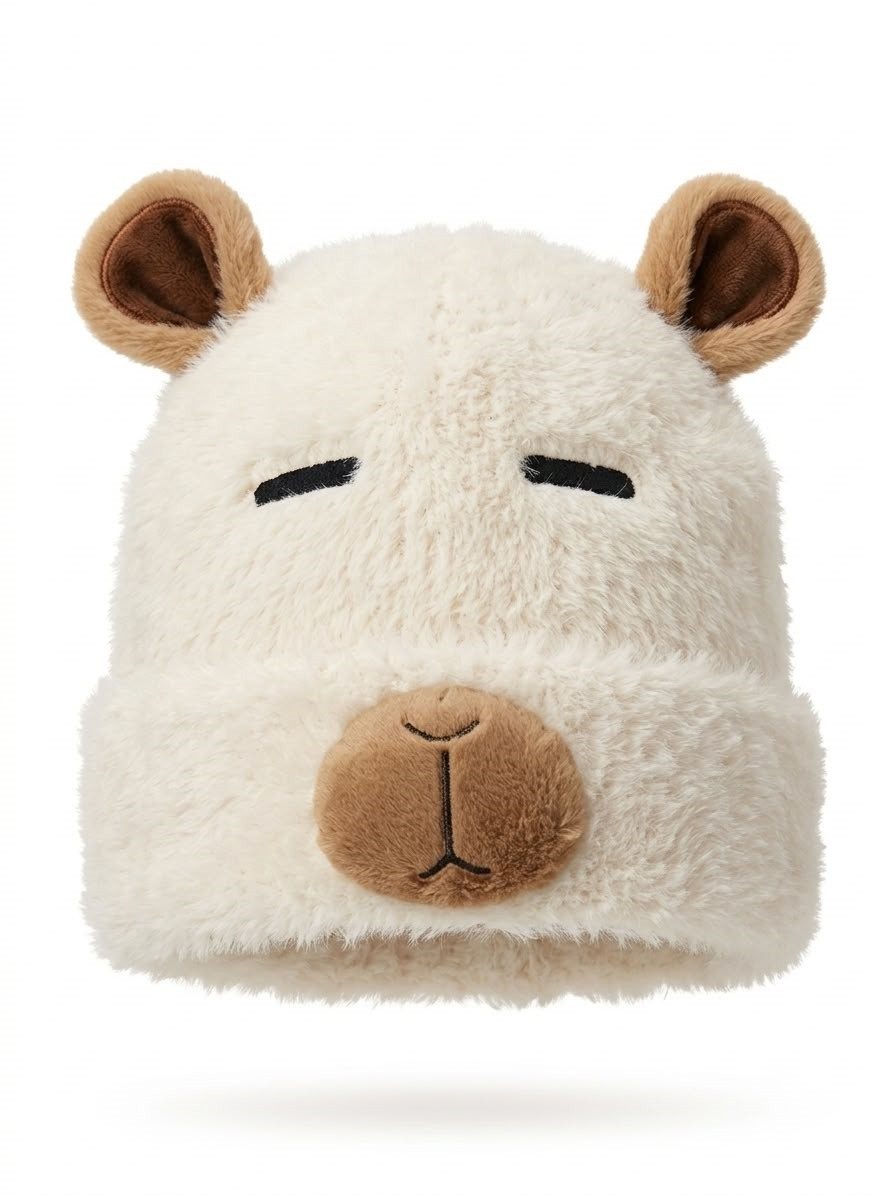 GOLDIA GMBH Plüschmütze Capybara Mütze Beige – flauschige Wintermütze mit Ohren, One Size (Spar-Set, 1-St., 1 x Soma Capy Mütze) Weiche Wintermütze mit Capybaraohren und aufgenähtem Gesicht
