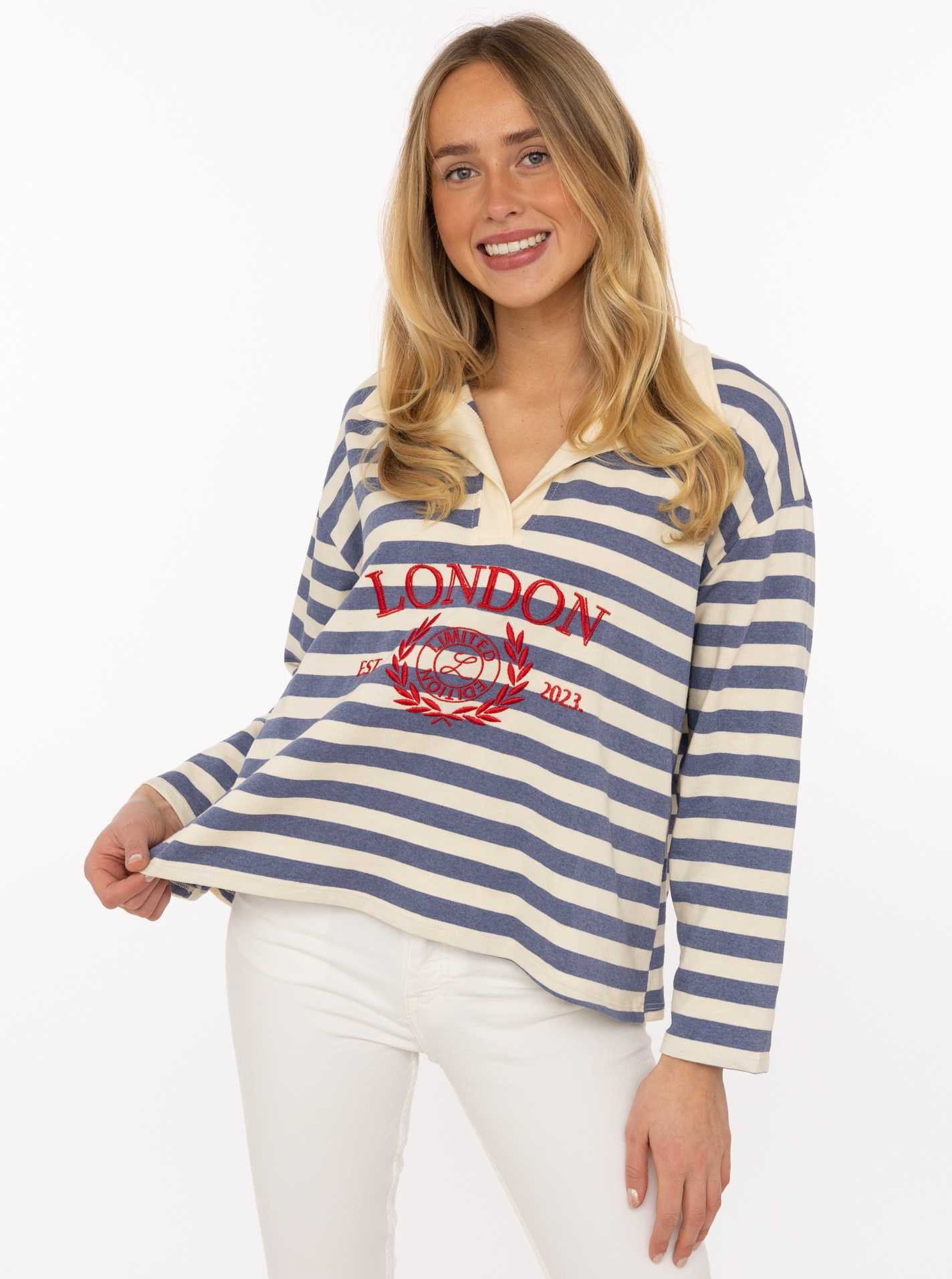 Zwillingsherz Langarmshirt "London" gestreift, Polokragen, Aufdruck