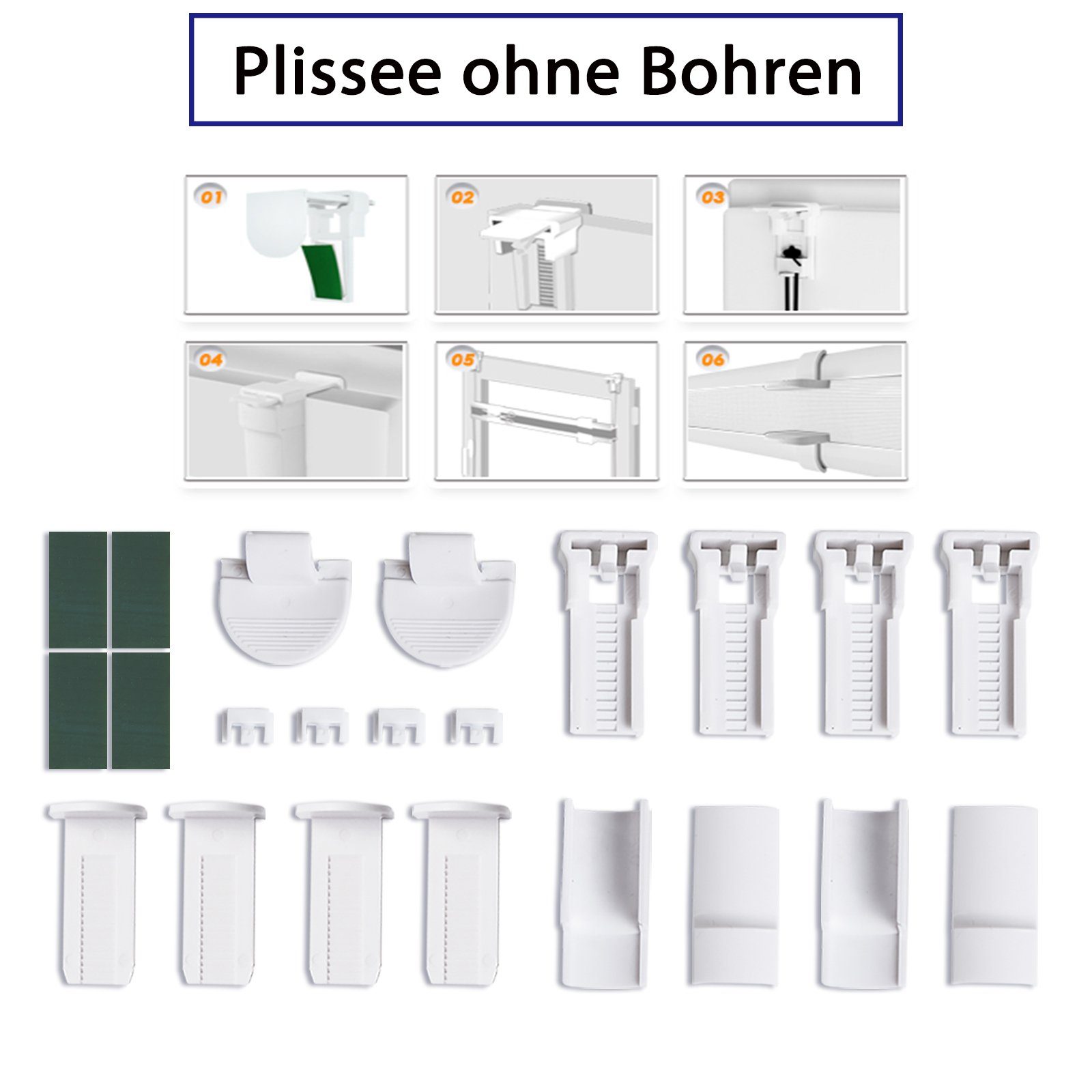 Plissee Ohne Bohren, Grün Klemmträger, Weiß, OUBO, Faltrollo Easyfix Verschpannt Lichtschutz, Bohren klemmfix mit Klemmfix ohne