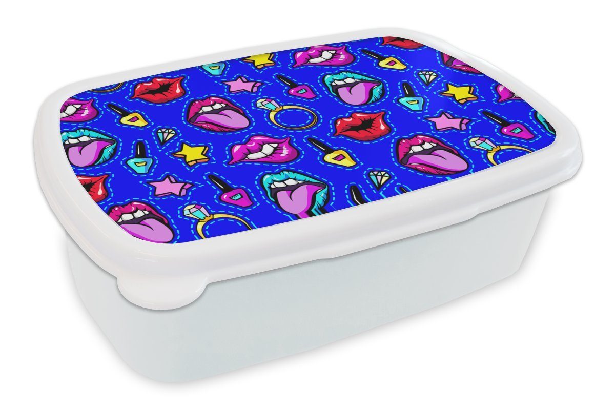 MuchoWow Lunchbox Muster - Popart - Neon - Blau, Kunststoff, (2-tlg), Brotbox für Kinder und Erwachsene, Brotdose, für Jungs und Mädchen weiß